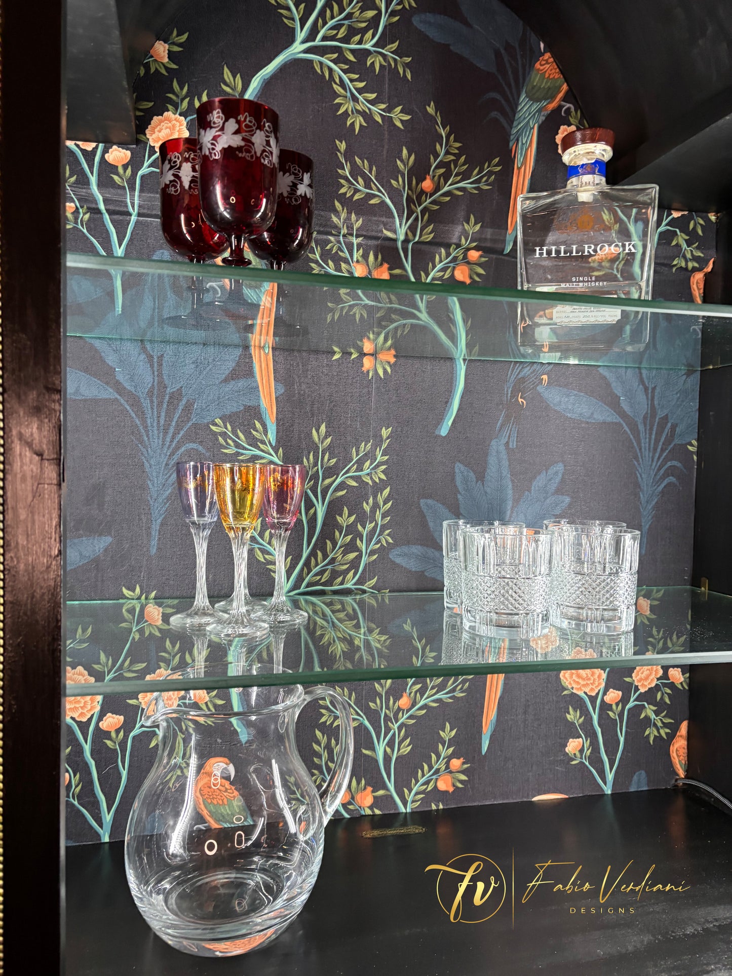 Art Nouveau Bar Cabinet - Black and Dark Green - two glass shelves - glass door with wood carvings
