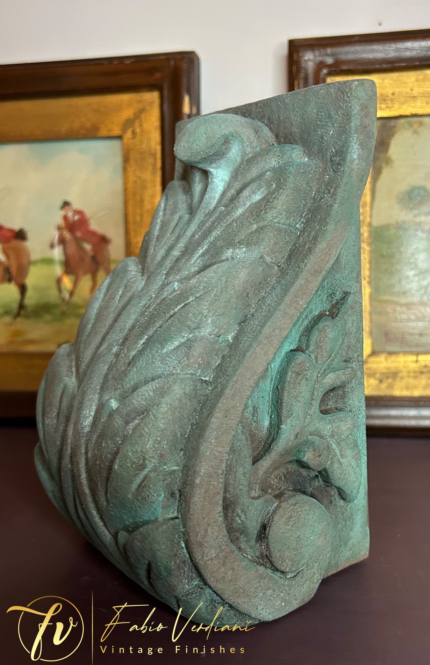 Creating the illusion of verdigris on a wood corbel. Annie Sloan Honfleur and Graphite, and a mix of washes