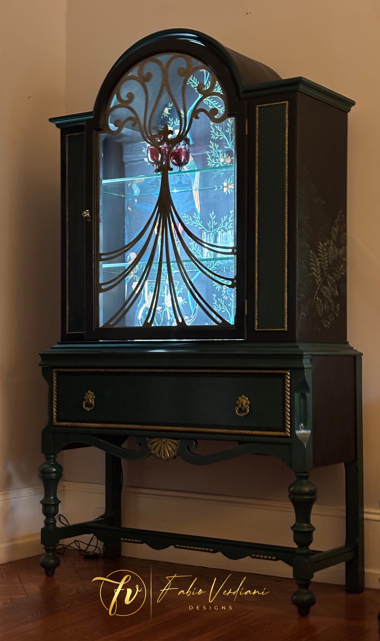 Art Nouveau Bar Cabinet - Black and Dark Green - two glass shelves - glass door with wood carvings