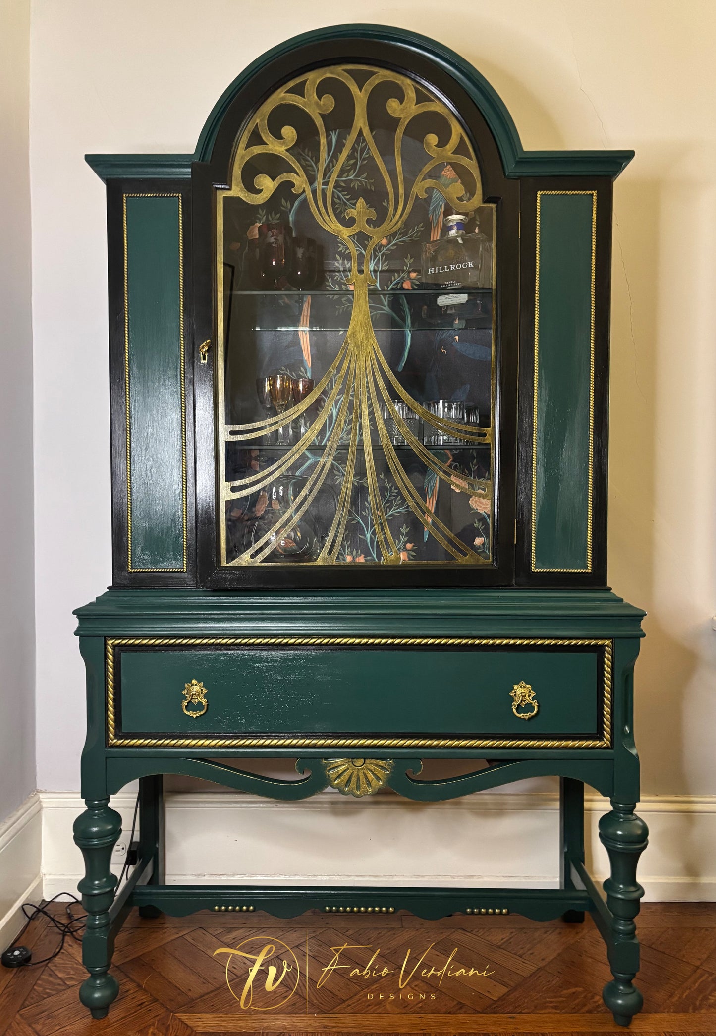 Art Nouveau Bar Cabinet - Black and Dark Green - two glass shelves - glass door with wood carvings