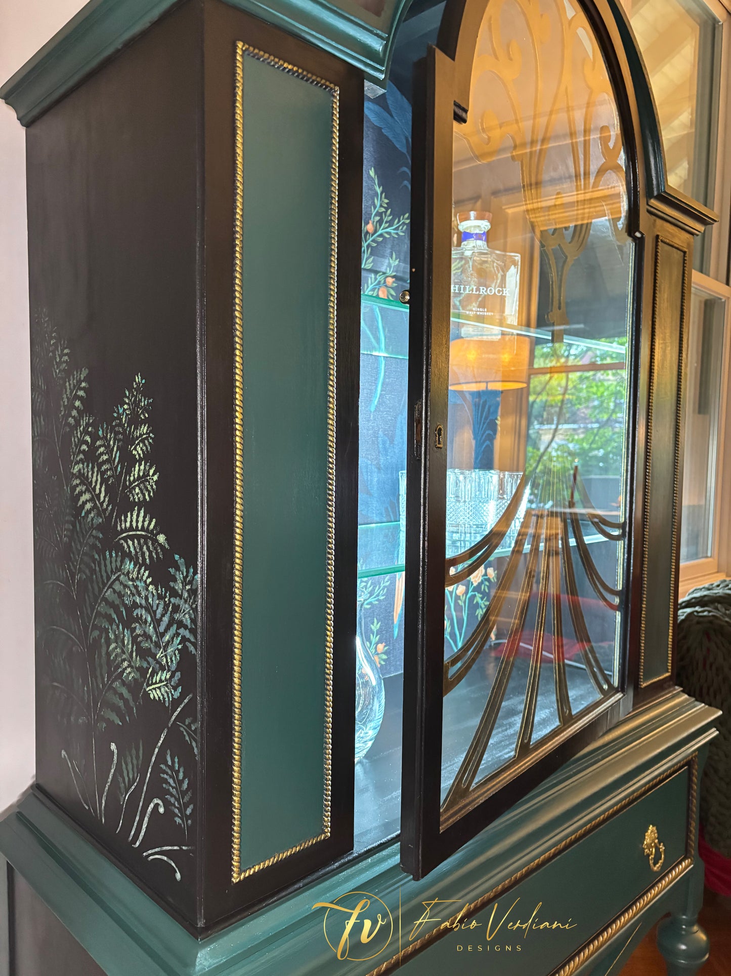 Art Nouveau Bar Cabinet - Black and Dark Green - two glass shelves - glass door with wood carvings