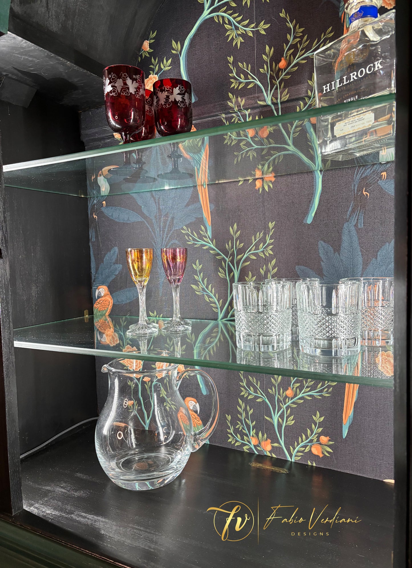 Art Nouveau Bar Cabinet - Black and Dark Green - two glass shelves - glass door with wood carvings