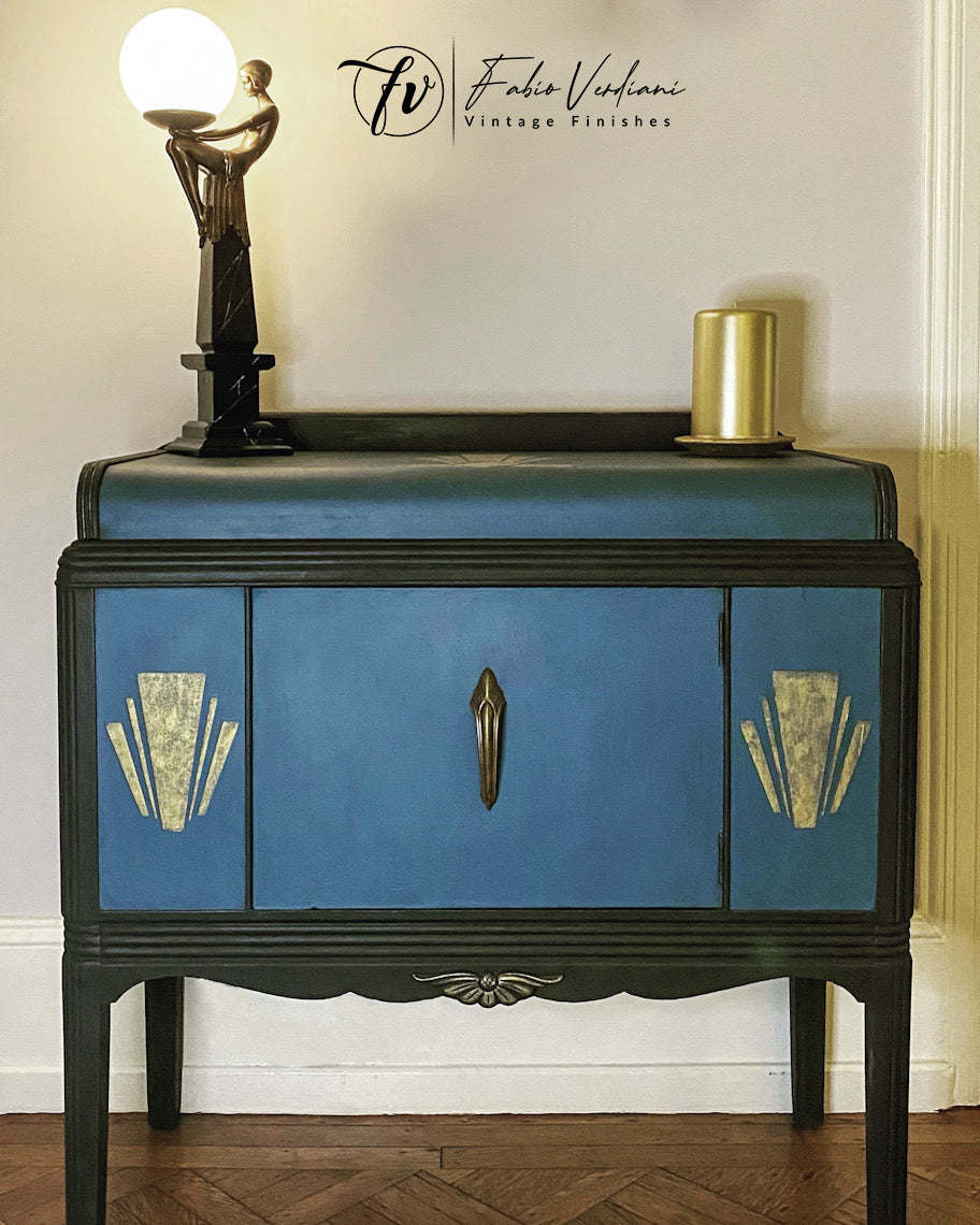 Art Deco Vintage Waterfall Bar Cabinet in Prussian Blue and Black Paint