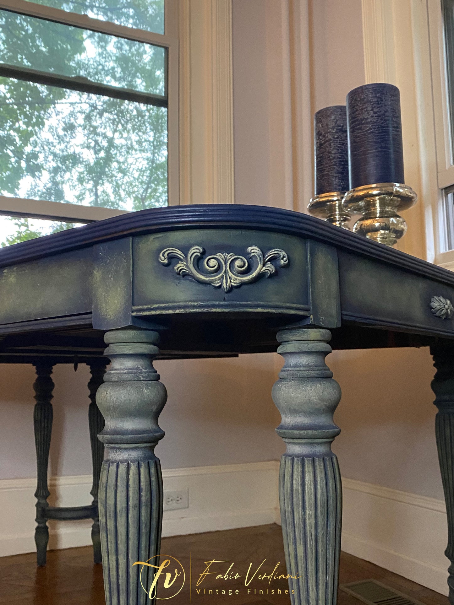 Vintage Rectangular Dinner Table for six, blue satin top and carved legs in faded olive with moldings