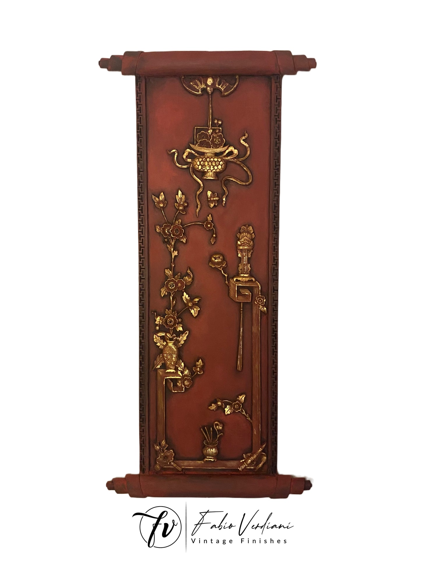 Chinese parchment style wood panel, Red chalk paint, Graphite wash, gold leaf, and old gold paint