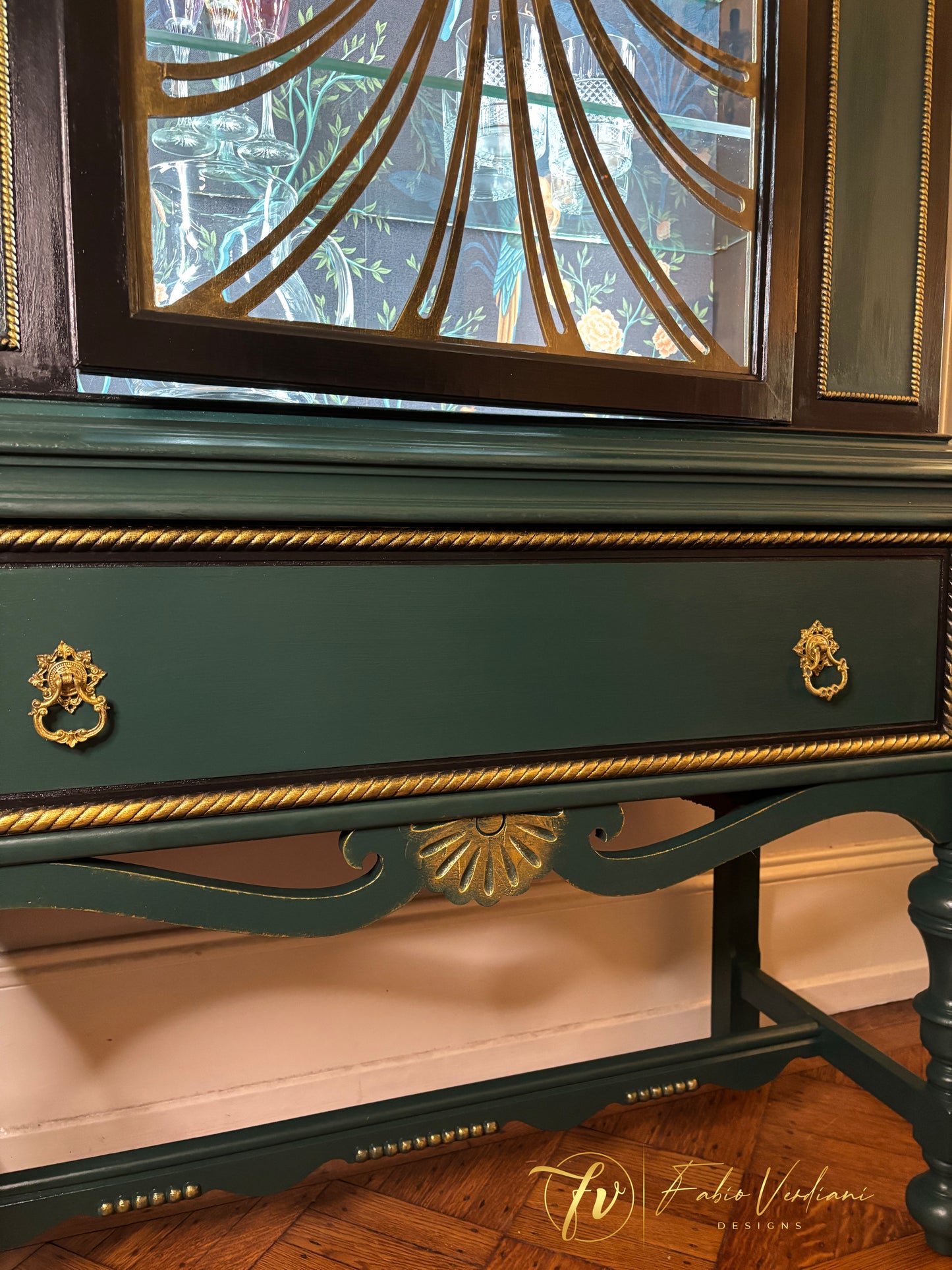 Art Nouveau Bar Cabinet - Black and Dark Green - two glass shelves - glass door with wood carvings