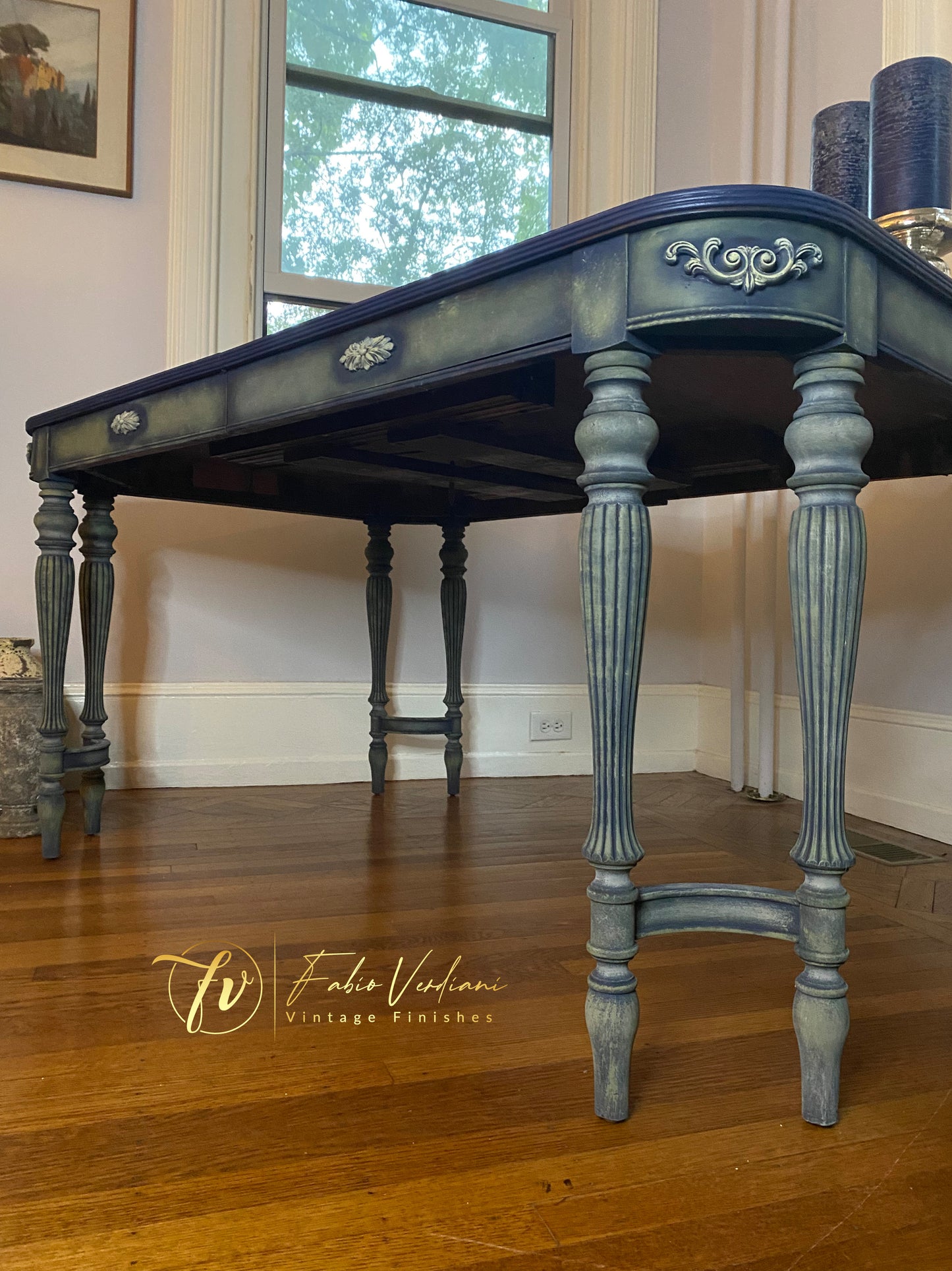 Vintage Rectangular Dinner Table for six, blue satin top and carved legs in faded olive with moldings