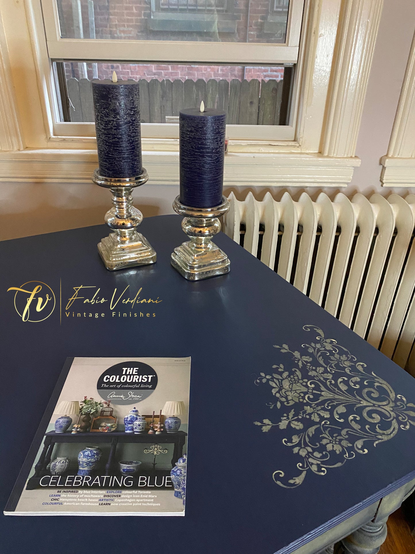Vintage Rectangular Dinner Table for six, blue satin top and carved legs in faded olive with moldings
