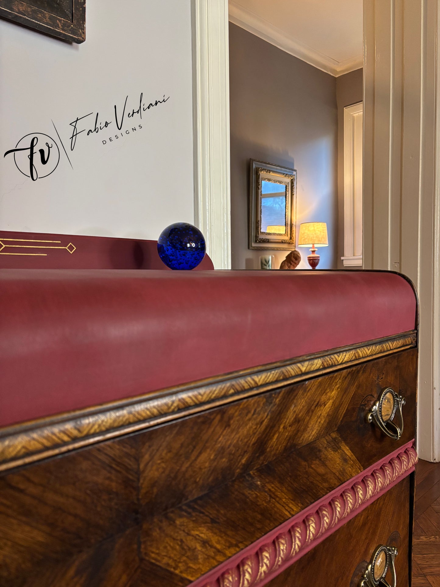 Art deco waterfall dresser - Burgundy top and bottom- Espresso veneer front and frame, gold accents