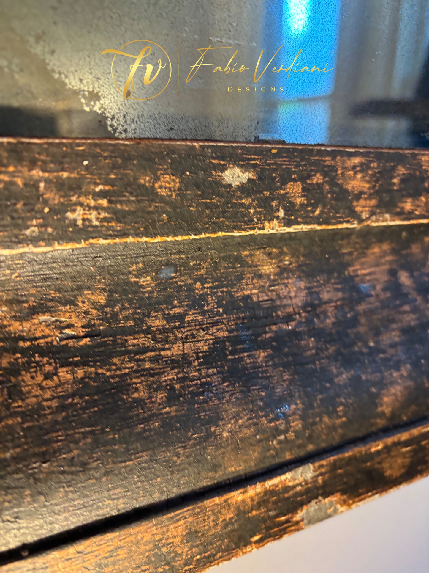 Black and orange distressed rectangular antique mirror  in patina toscana