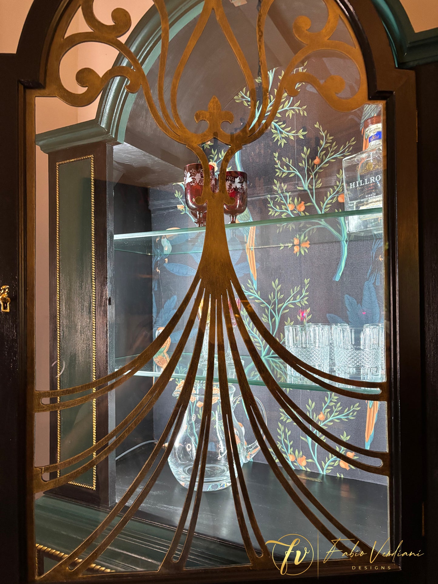 Art Nouveau Bar Cabinet - Black and Dark Green - two glass shelves - glass door with wood carvings