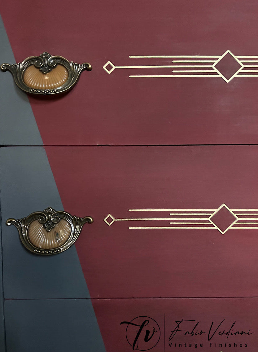 Tall chest of drawers - Art deco waterfall- Burgundy and Metal Gray