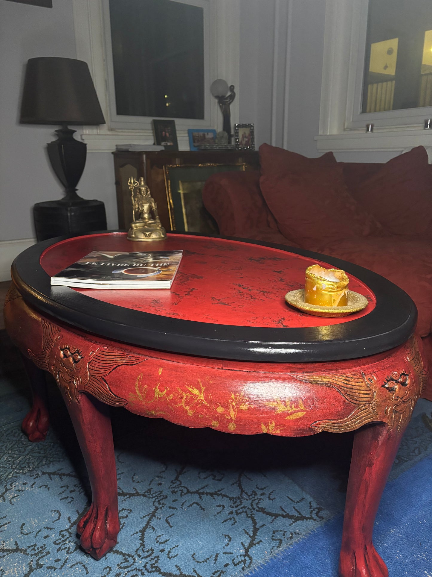 Oval Chinoiserie Style Table, Lacquer Red, Black Glaze and Gold, Silky Top