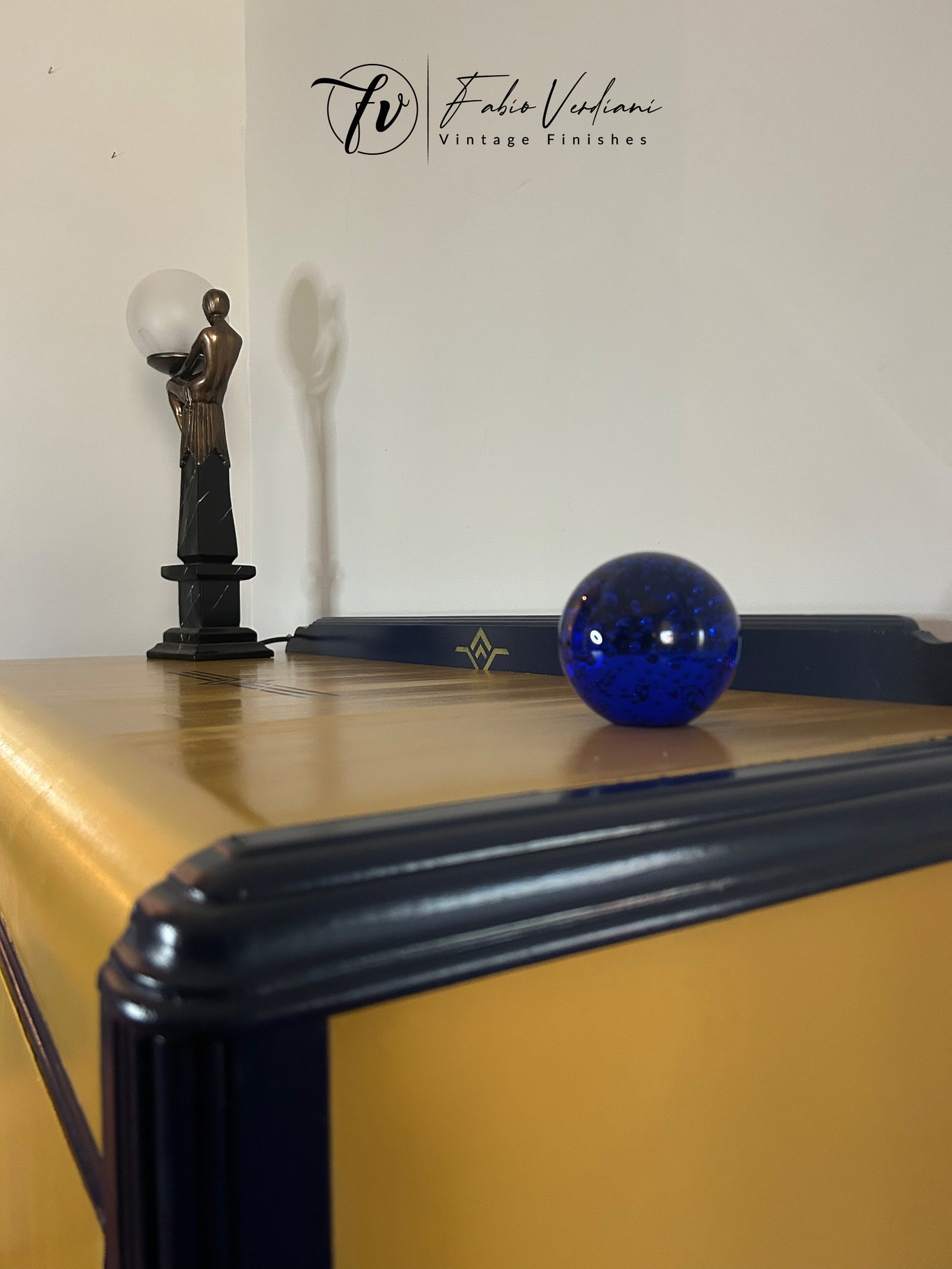 Art Deco Sideboard Buffet in Yellow and Blue Satin Top from left