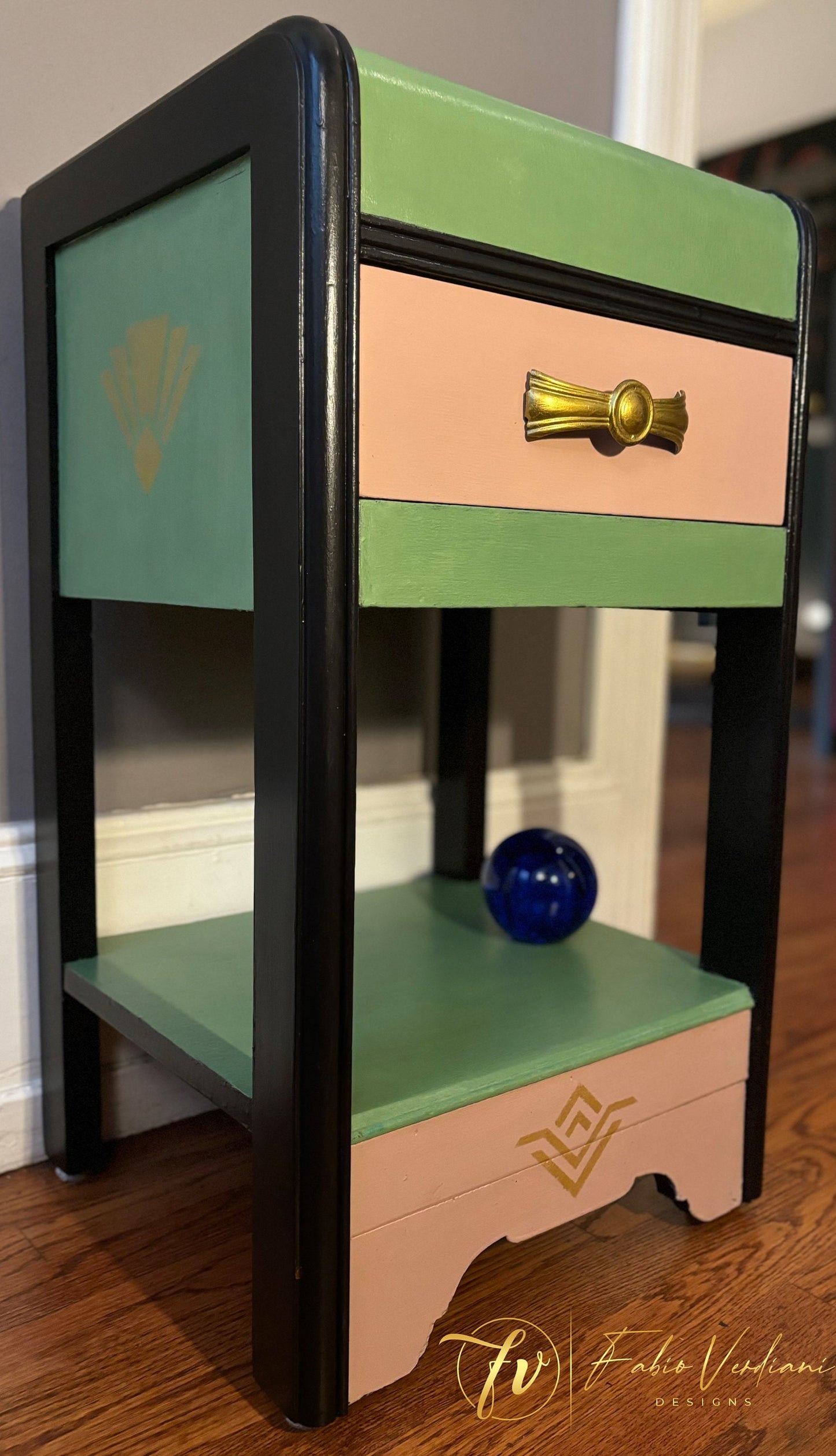 Art Deco Waterfall Nightstand - Green, Black and Pink -front and left side