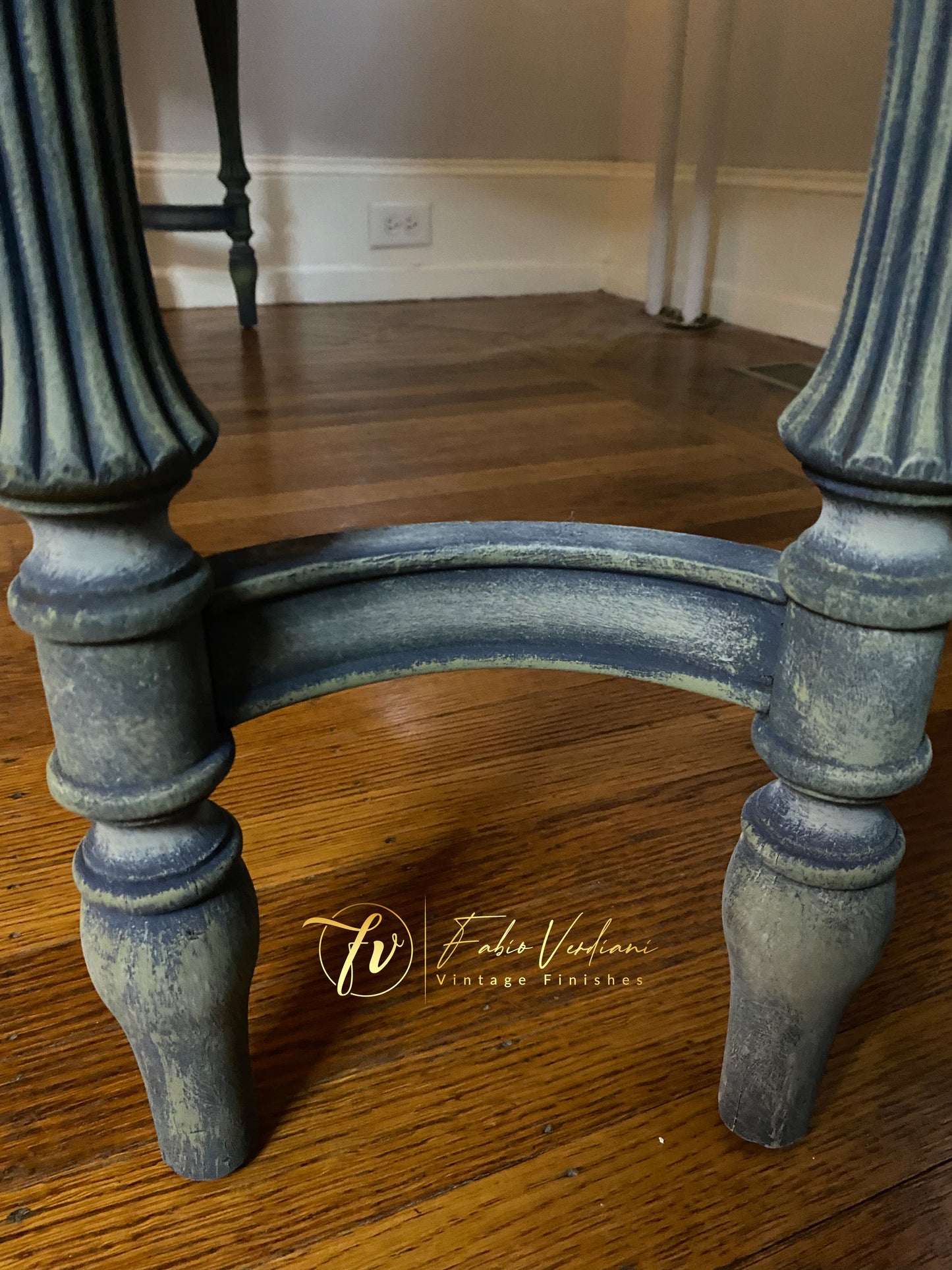 Vintage Rectangular Dinner Table for six, blue satin top and carved legs in faded olive with moldings