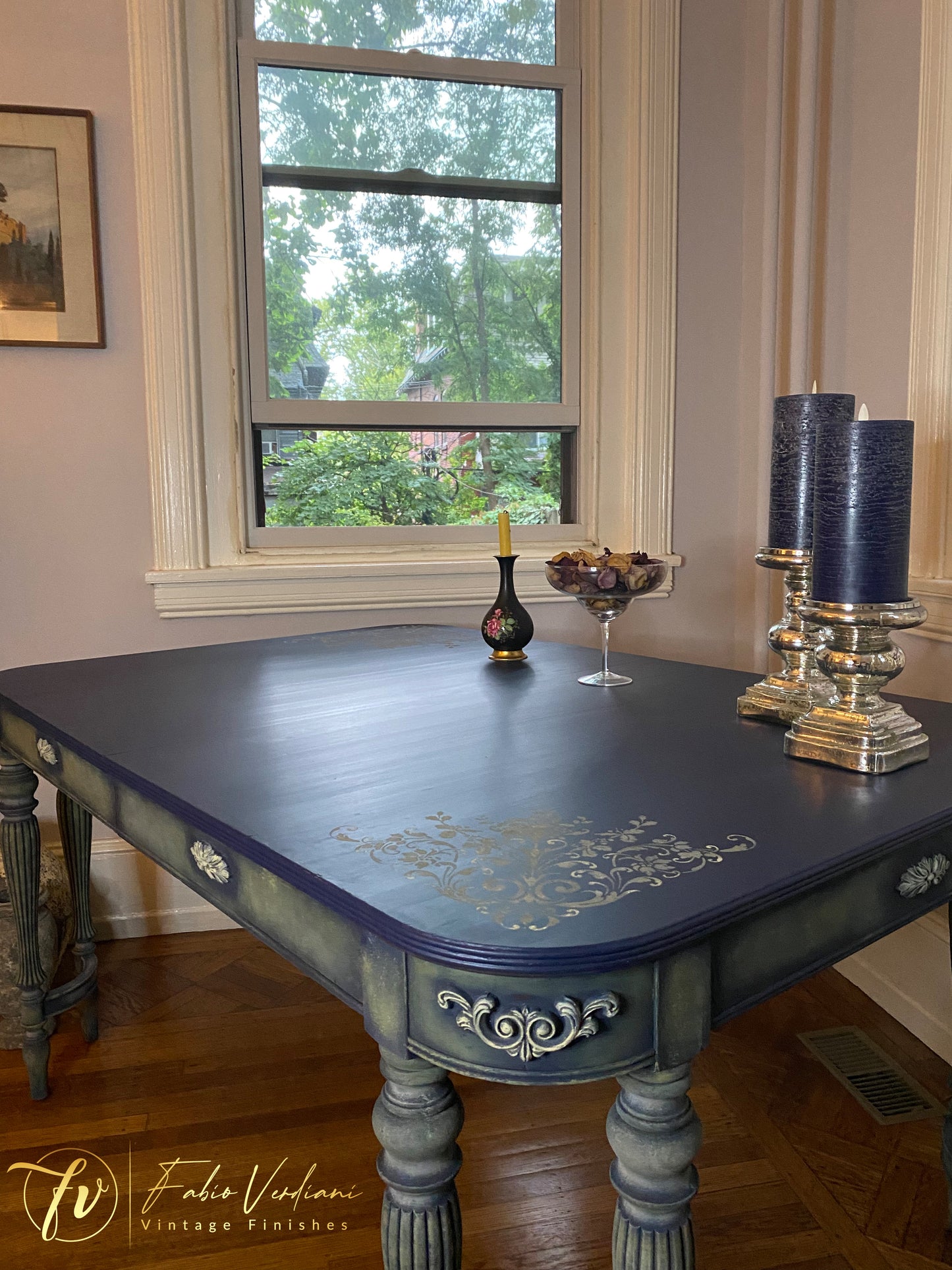 Vintage Rectangular Dinner Table for six, blue satin top and carved legs in faded olive with moldings