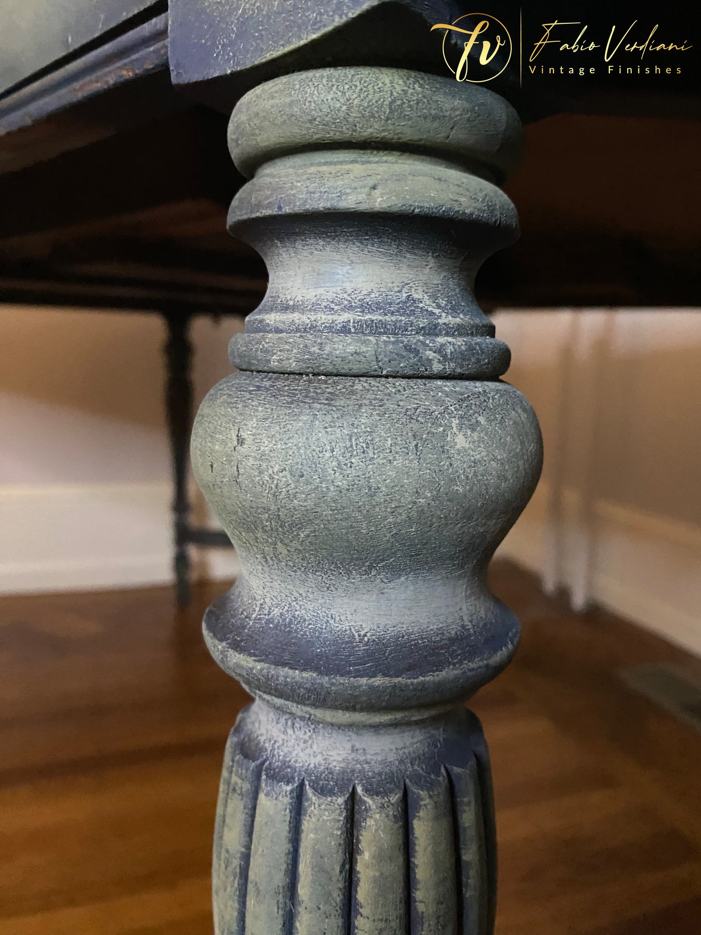 Vintage Rectangular Dinner Table for six, blue satin top and carved legs in faded olive with moldings