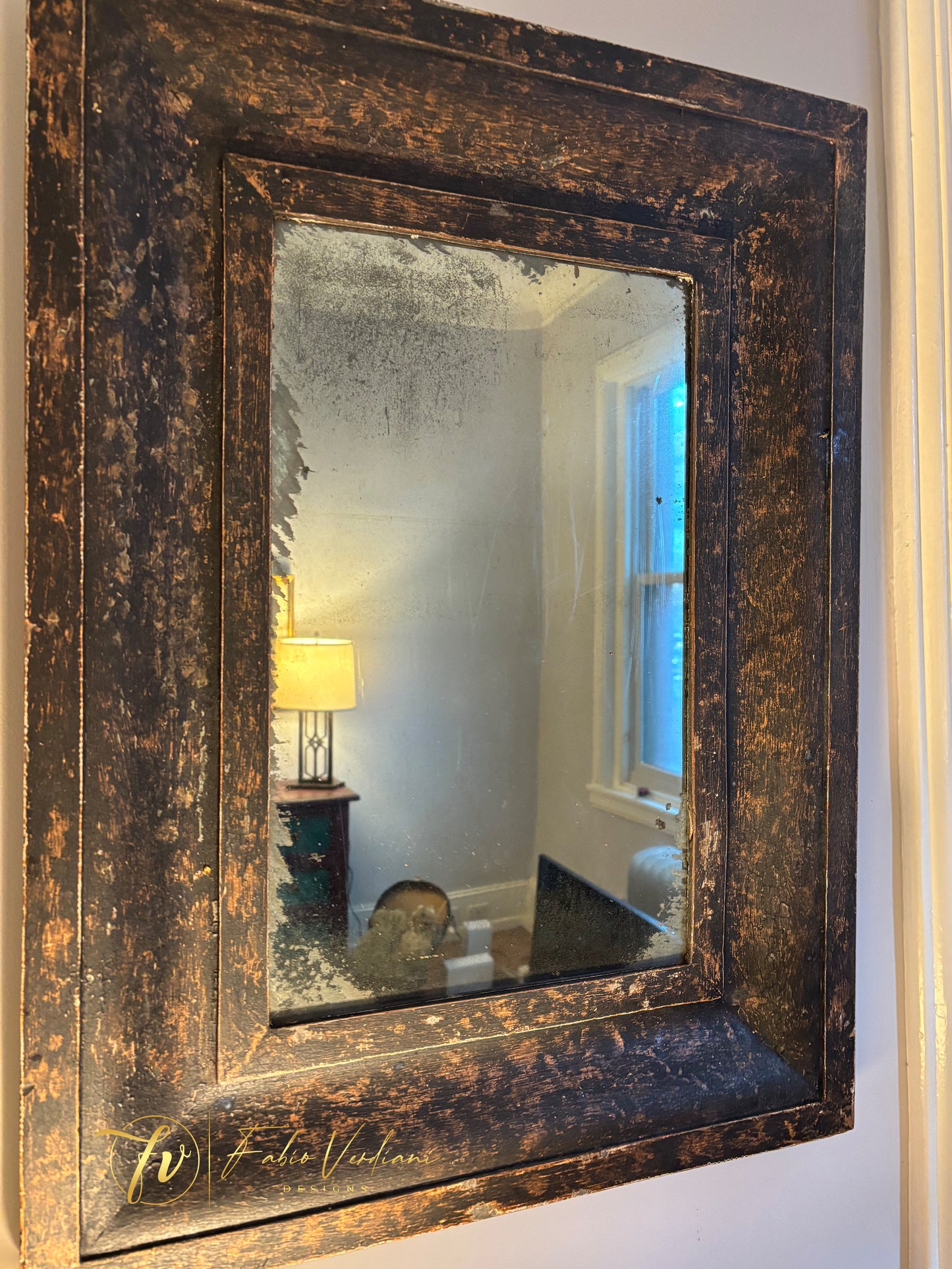 Black and orange distressed rectangular antique mirror  in patina toscana