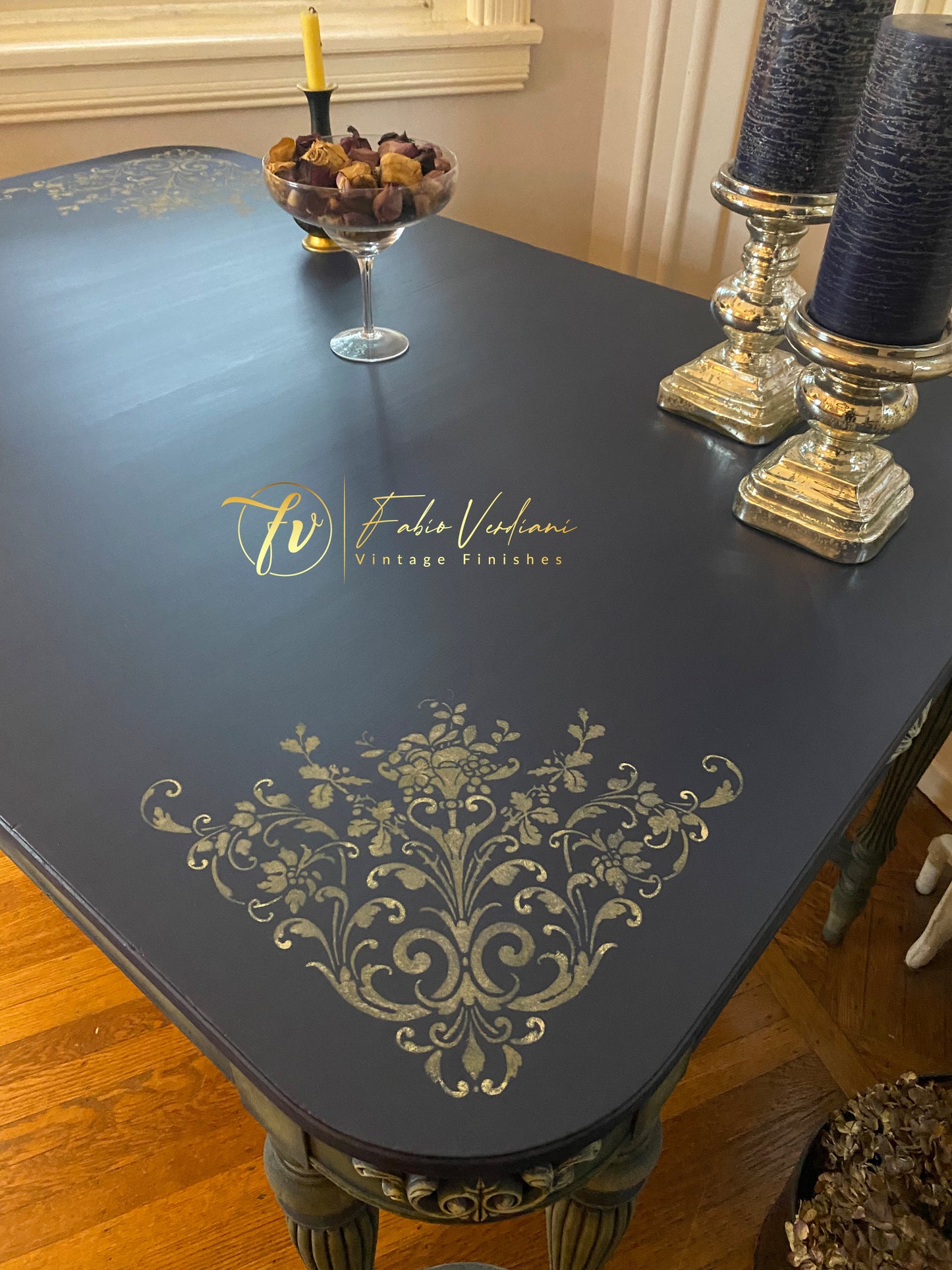 Vintage Rectangular Dinner Table for six, blue satin top and carved legs in faded olive with moldings