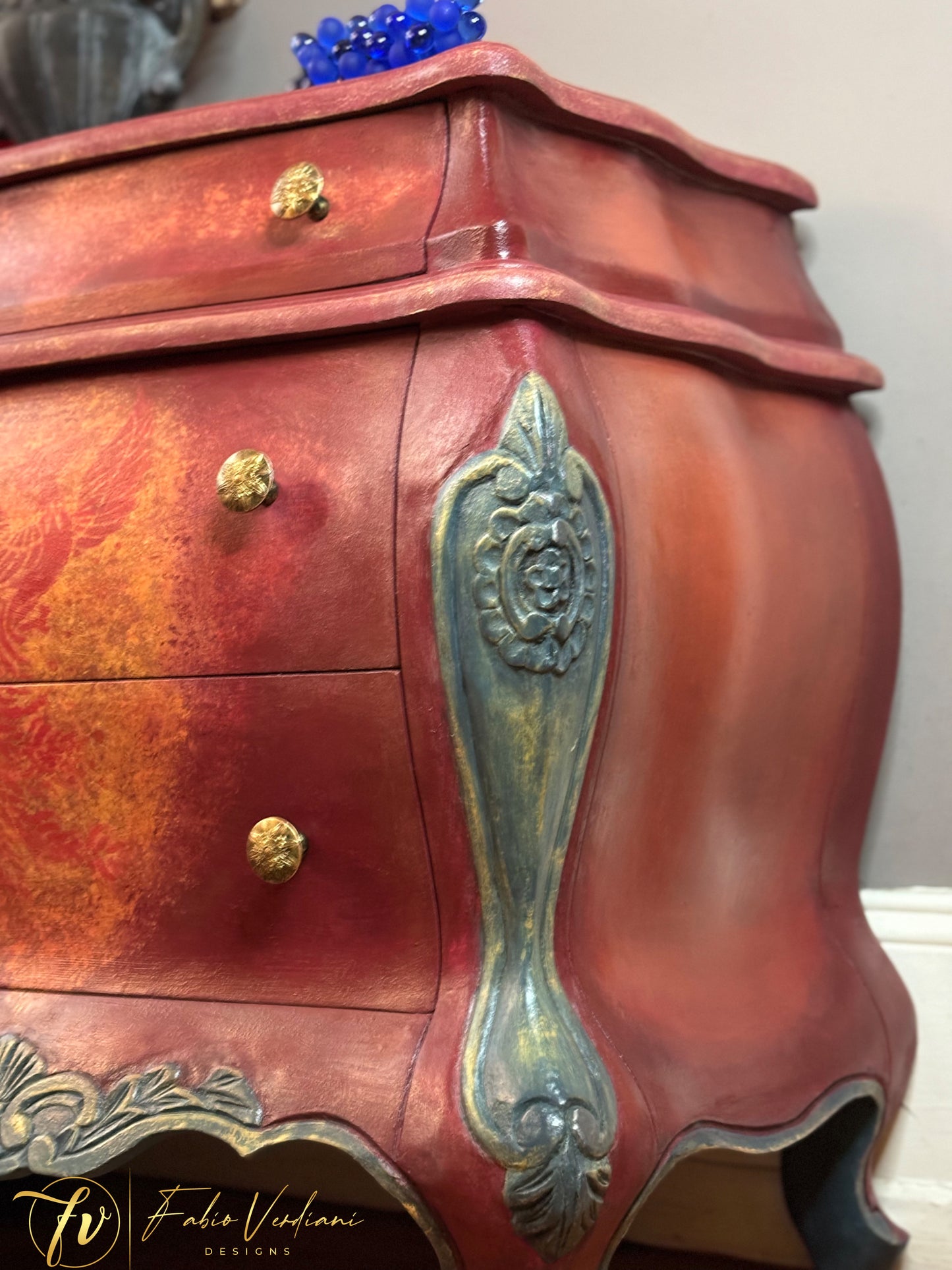 Small Nightstand in Burgundy, Orange, Teal Blue inspired by the Firebird