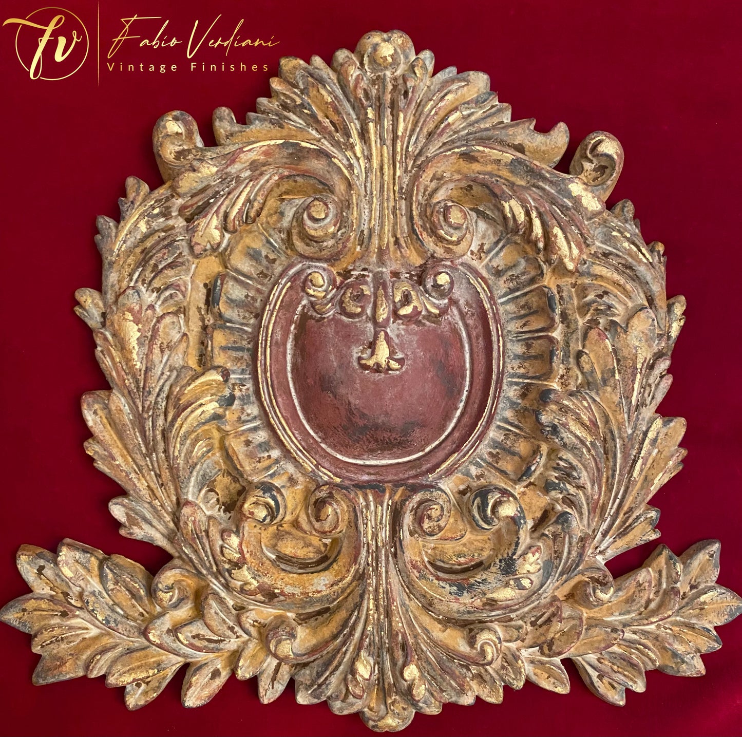 Contemporary Distressed Milk Paint and Gold Coat of Arms