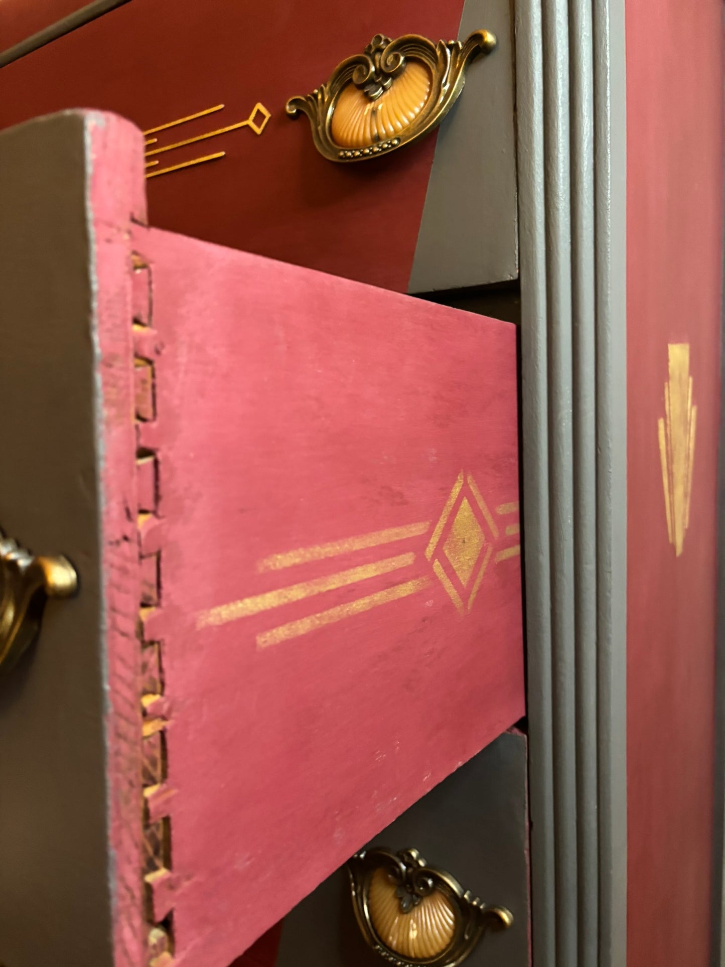 Tall chest of drawers - Art deco waterfall- Burgundy and Metal Gray