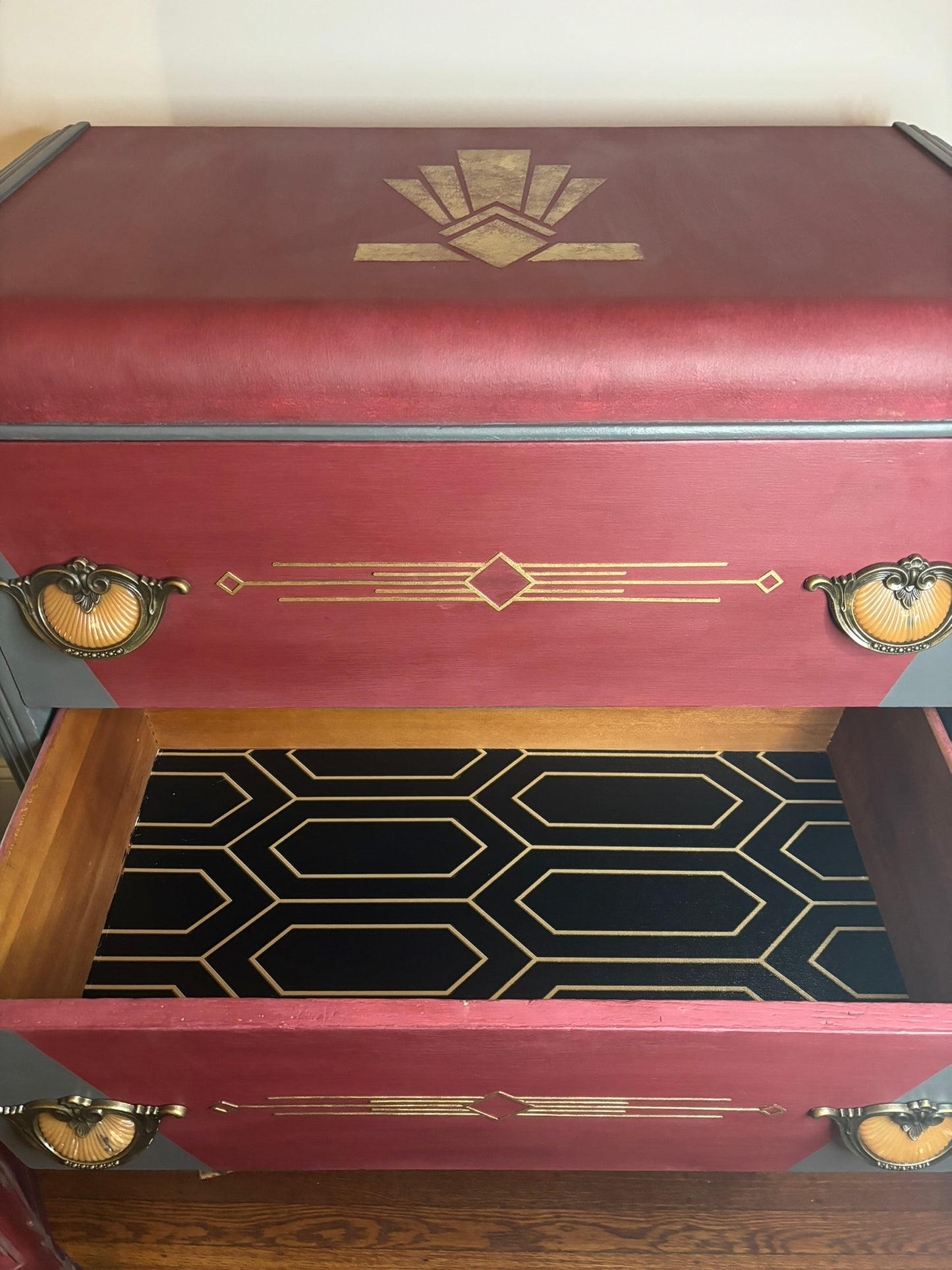 Tall chest of drawers - Art deco waterfall- Burgundy and Metal Gray