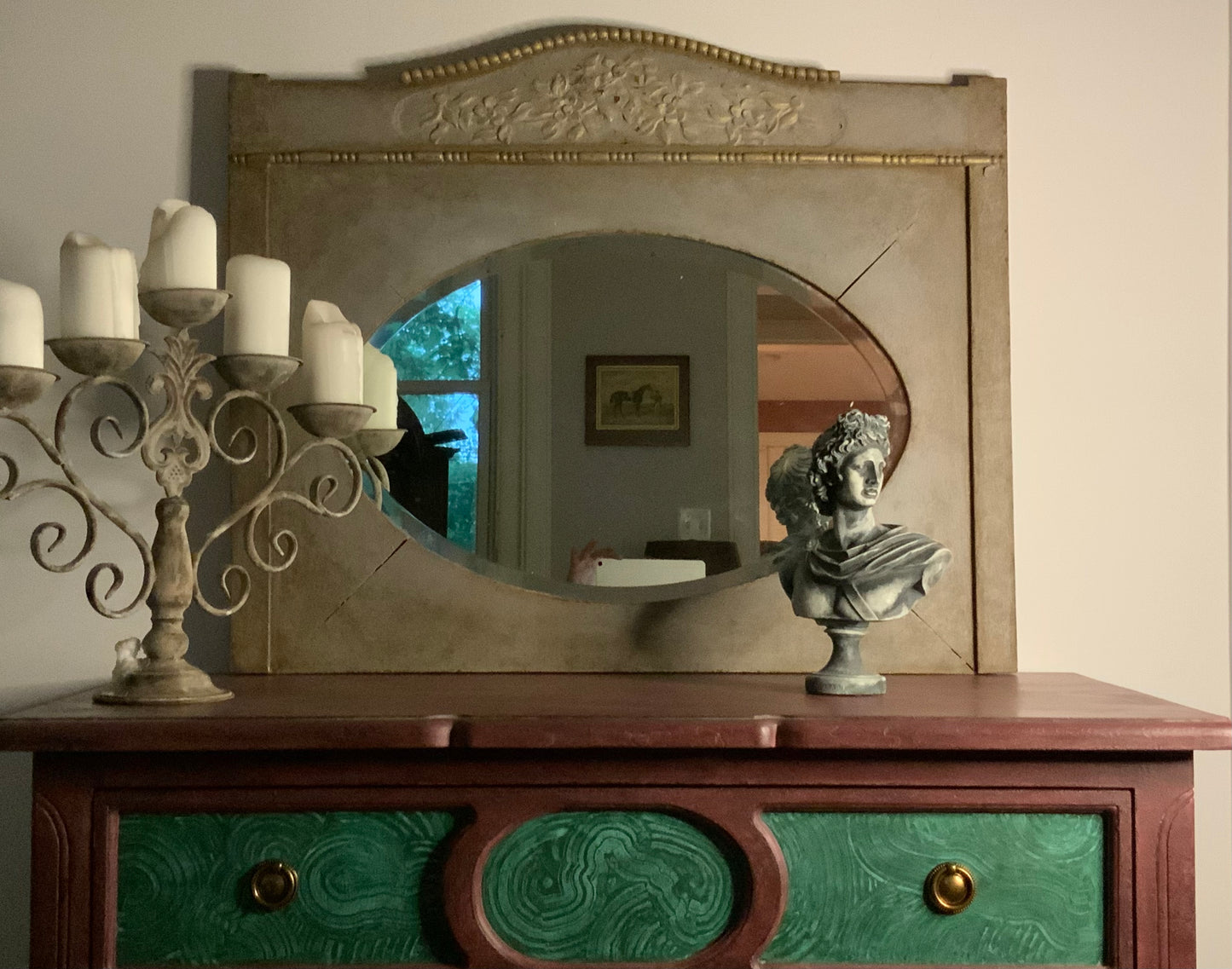 Gustavian Grey oval mirror in Patina Toscana with golden decorative molding- NOT FOR SALE HERE