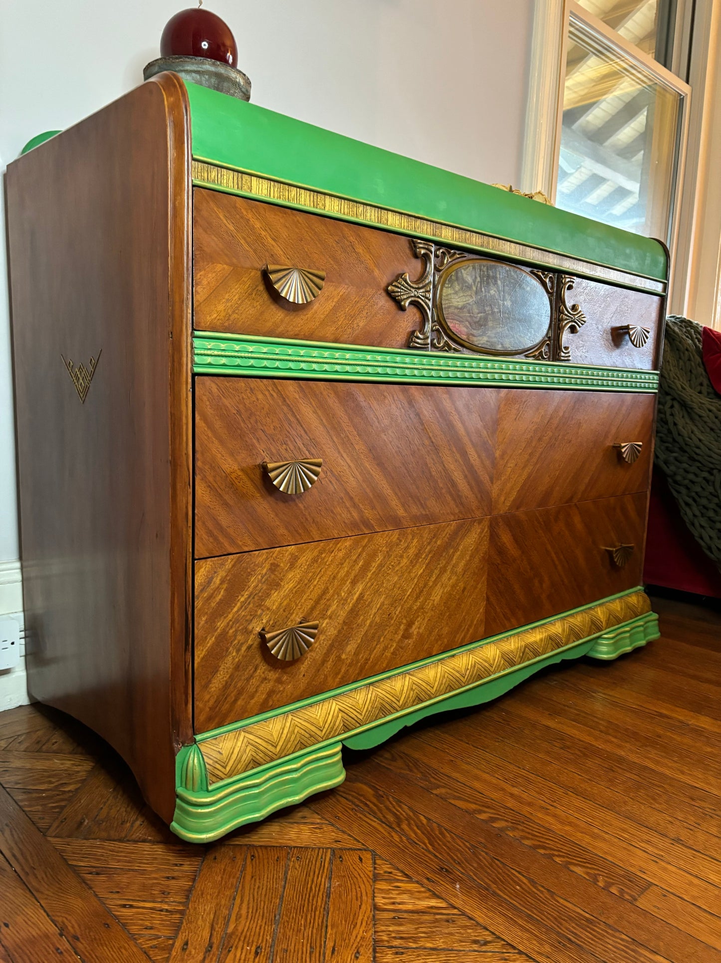 Art deco waterfall dresser - Green Top and Frame and Brown Mahogany Veneer drawers and sides
