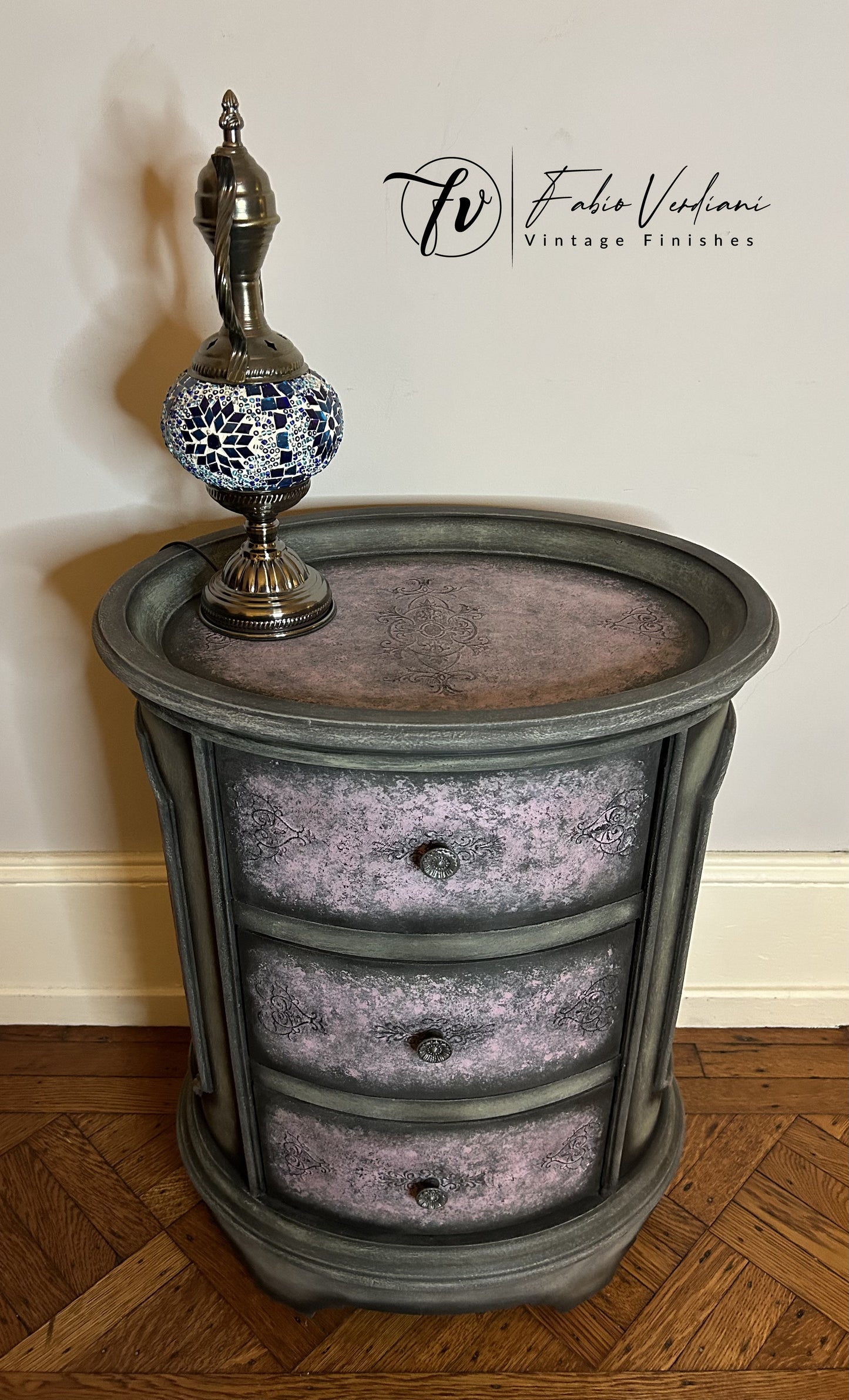 Oval Nightstand or Coffee Table in pink and sage, moldings in black