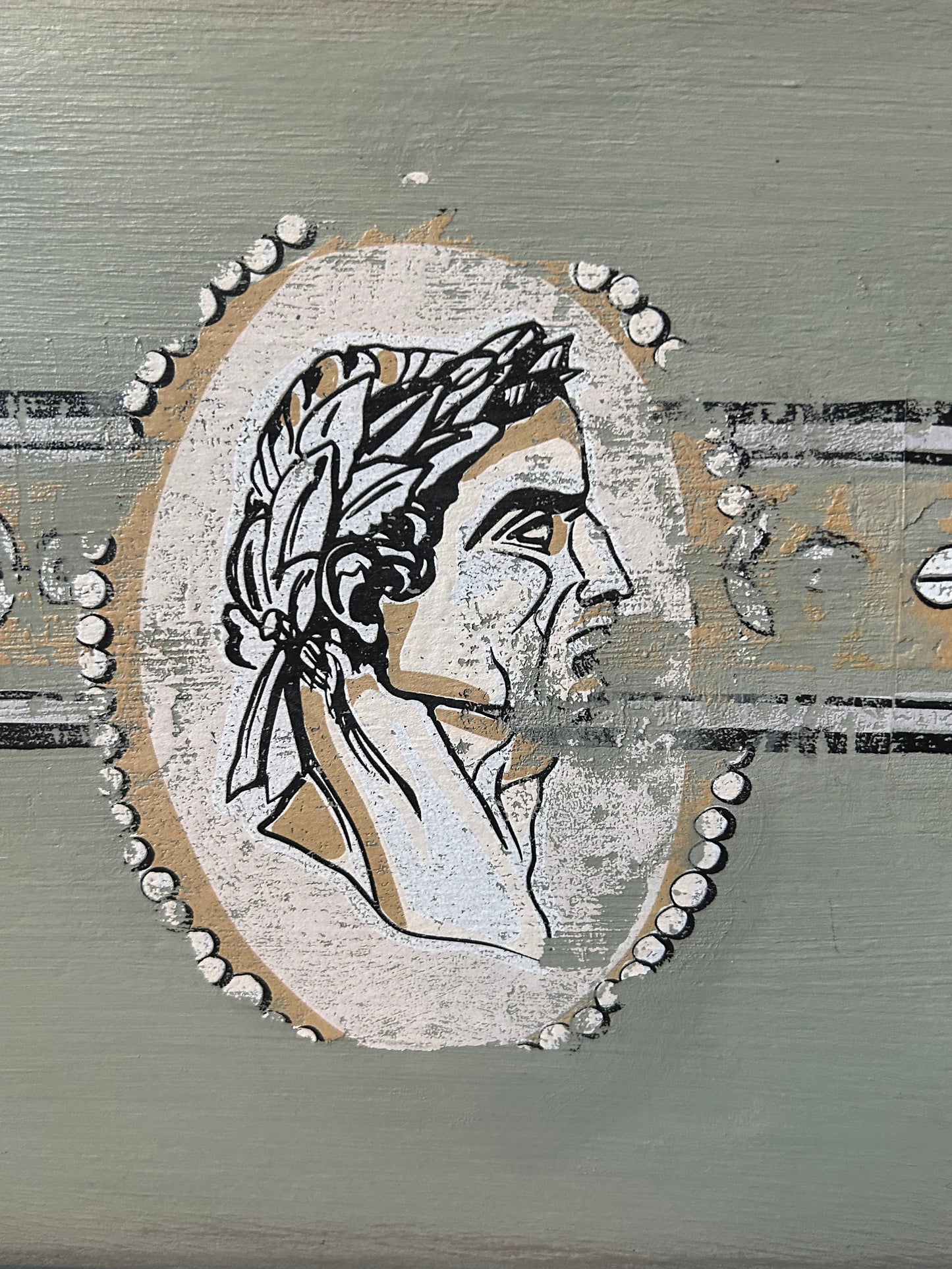 Solid pine chest of drawers in Annie Sloan Coolabah Green, Country Gray and French Linen Chalk Paint®,“Classical Cameos” IOD/AS inlay