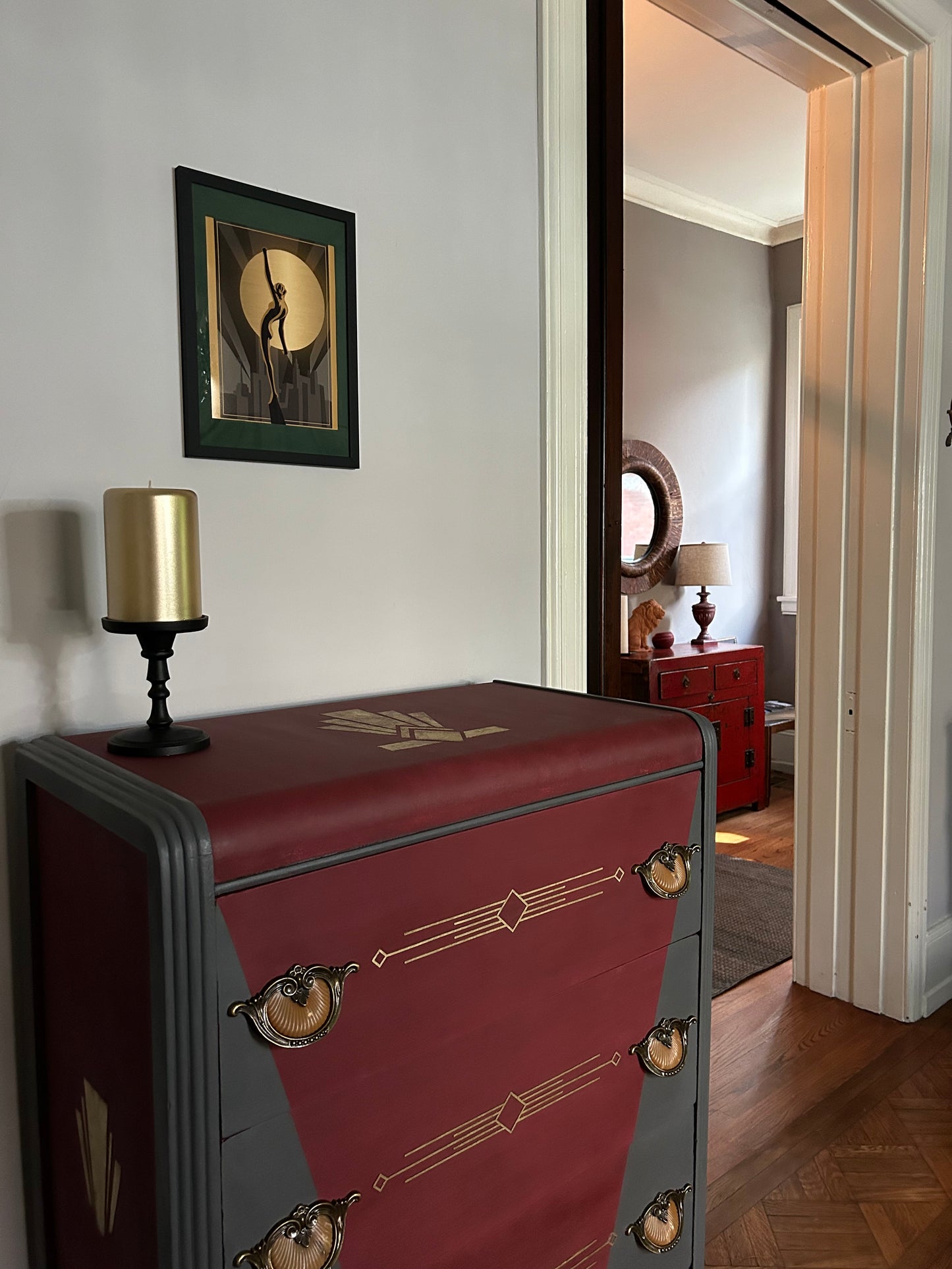 Tall chest of drawers - Art deco waterfall- Burgundy and Metal Gray