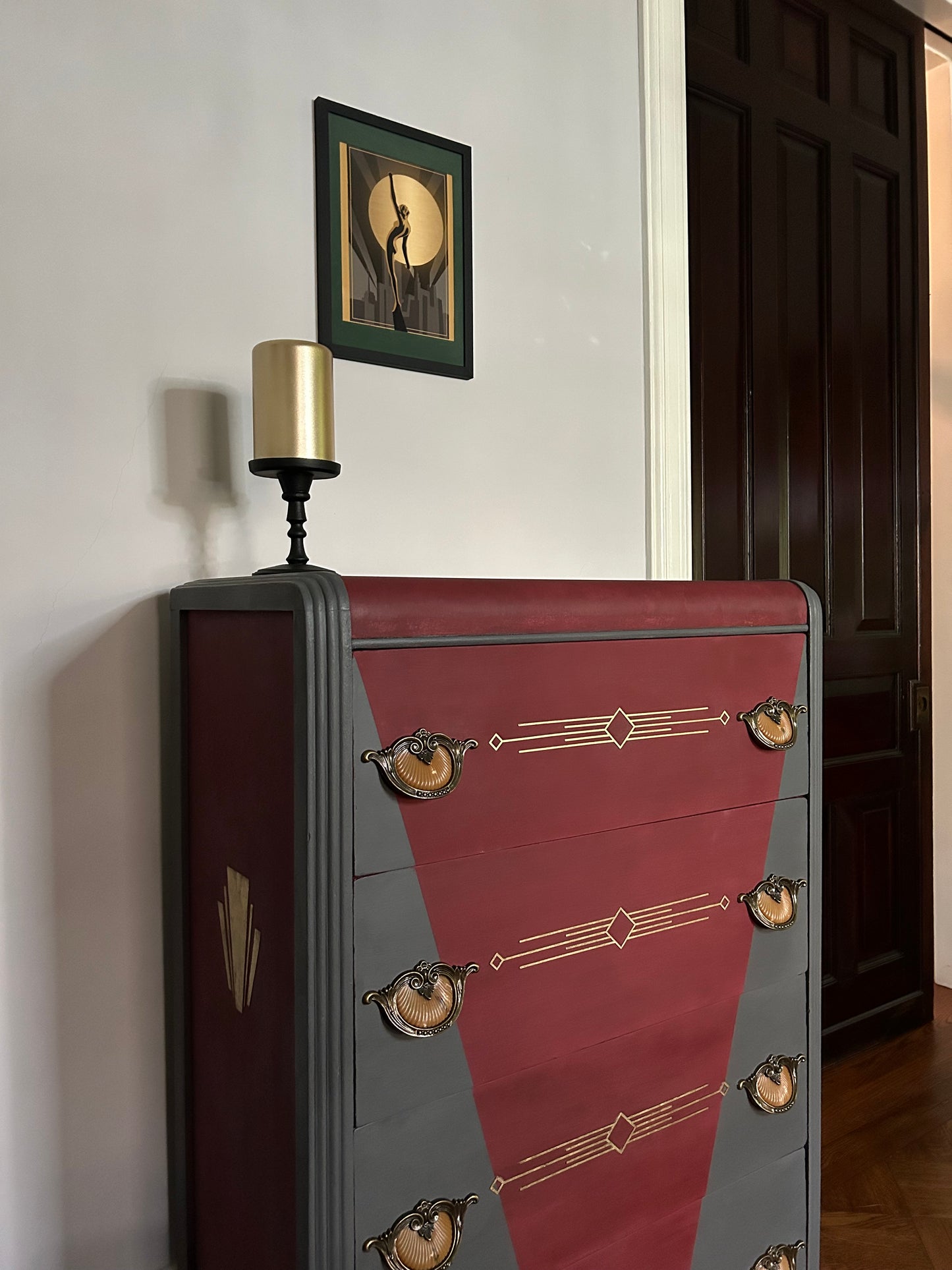 Tall chest of drawers - Art deco waterfall- Burgundy and Metal Gray