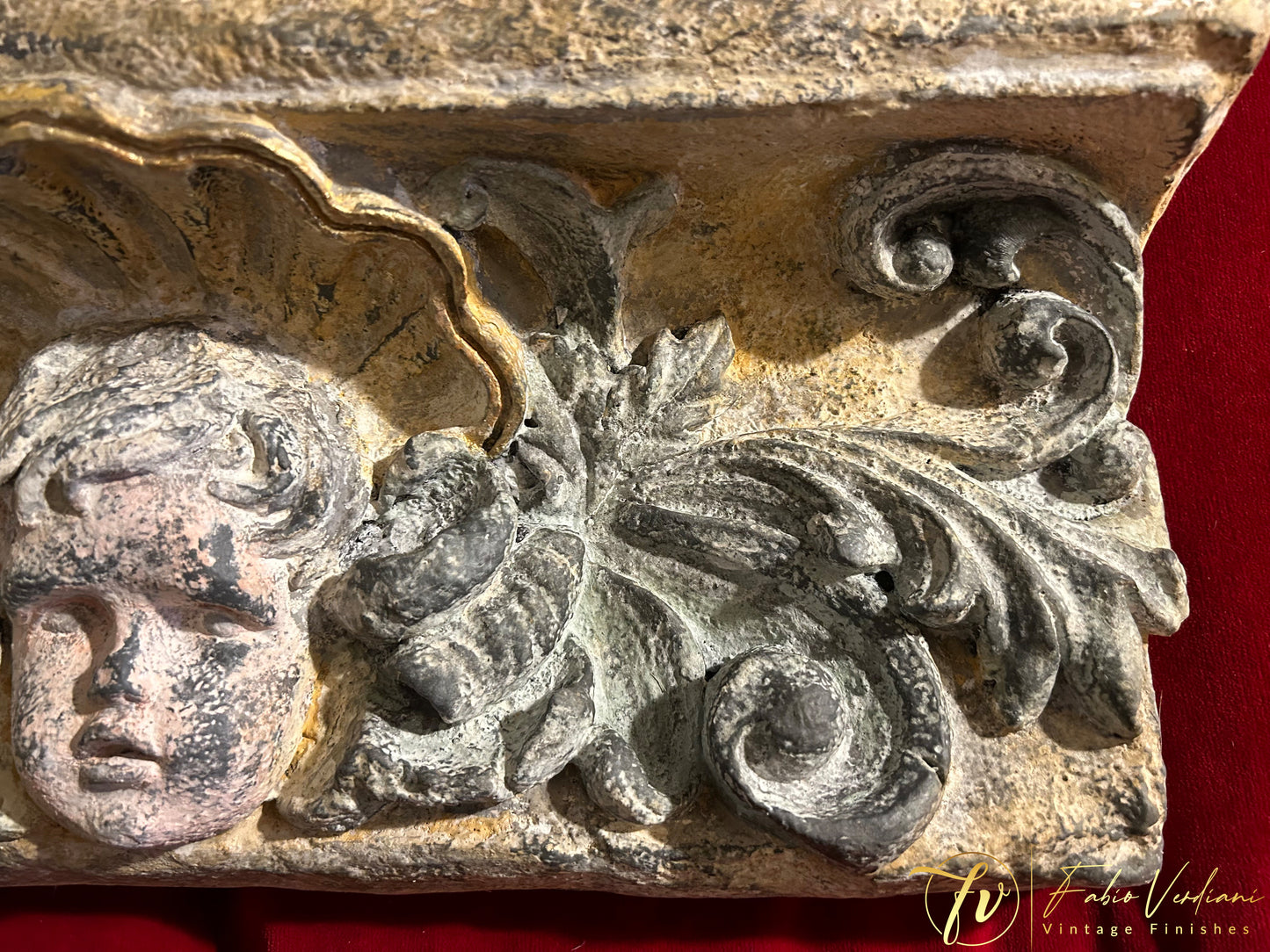 Shell-crowned guardian angel architectural accent. Annie Sloan Whistler Gray, 3 tones of milk paint, wash in Annie Sloan Old White.