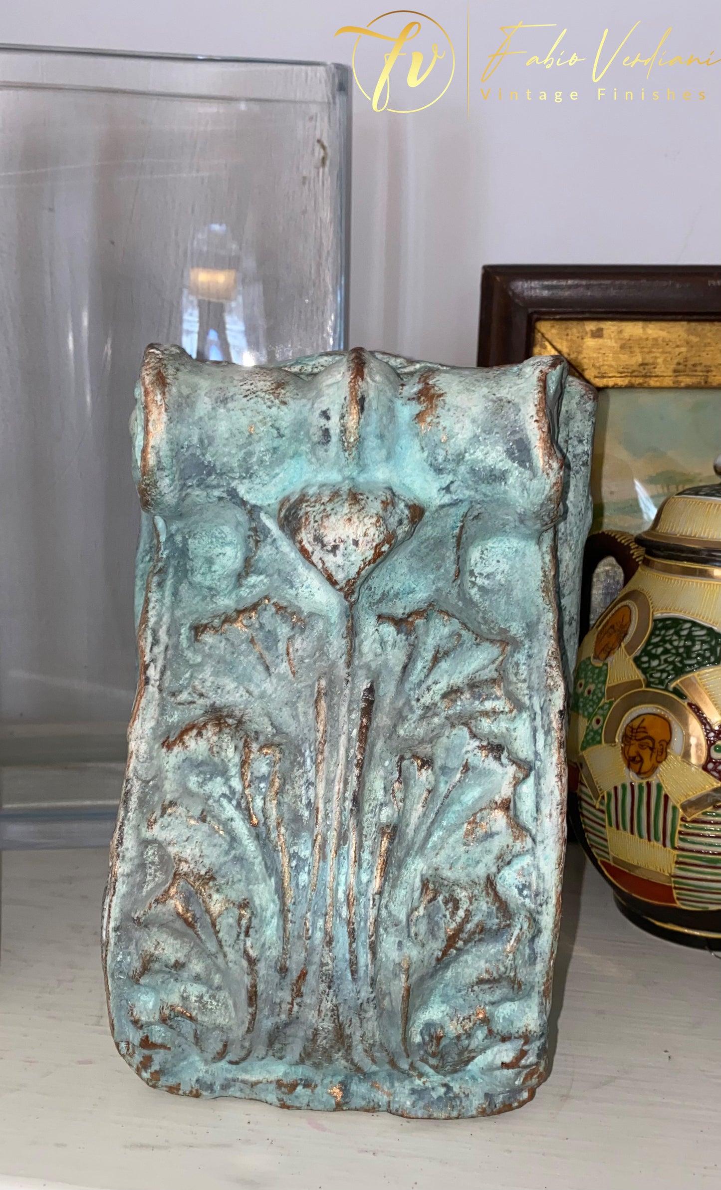 Distressed Verdigris Milk Paint and Bronze Wax Wood Corbel Bookend