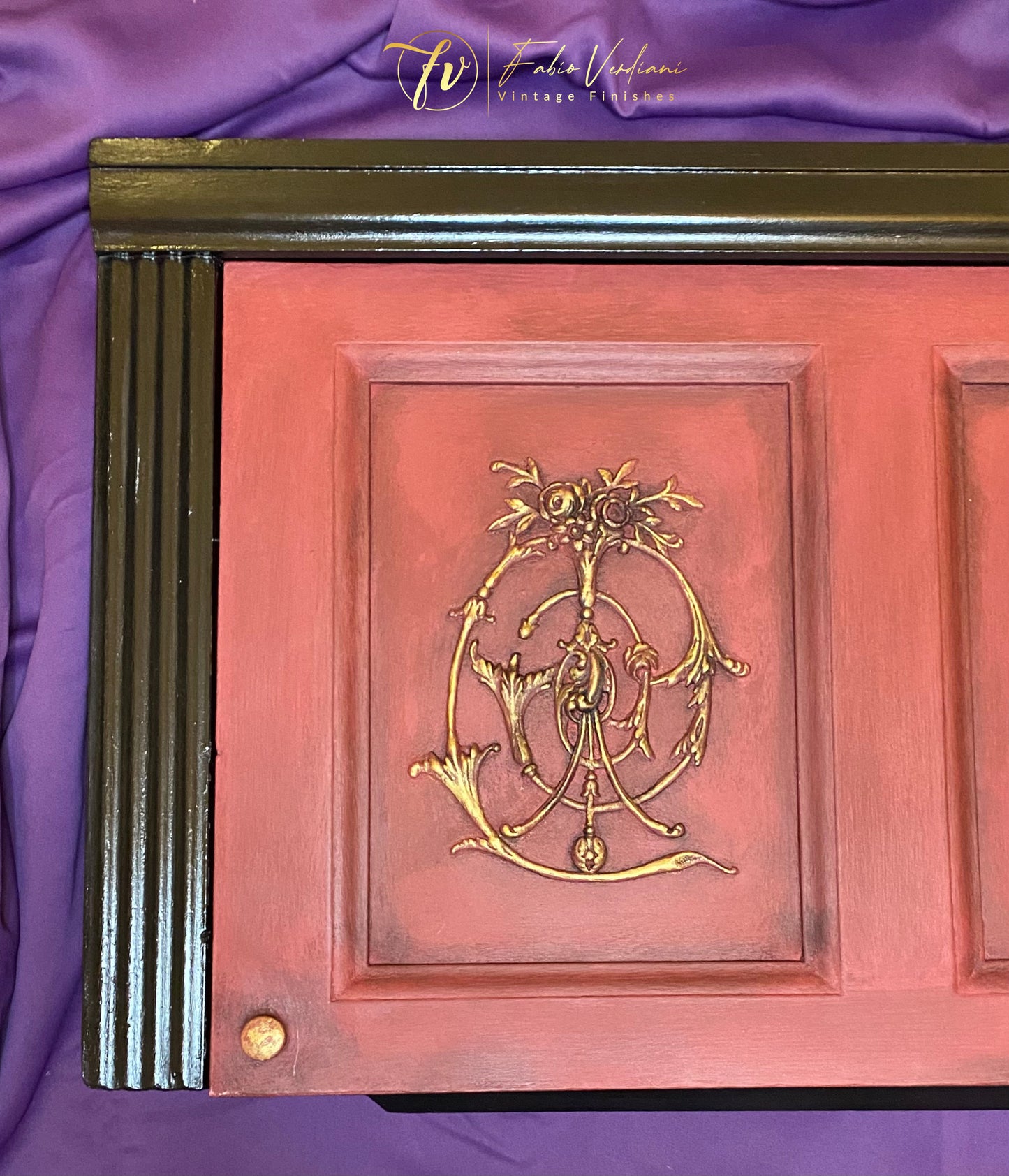 Vintage carved honky-tonk Kimbal piano front panel in Annie Sloan Burgundy and Athenian Black chalk paint, gold metallic and clear and black wax