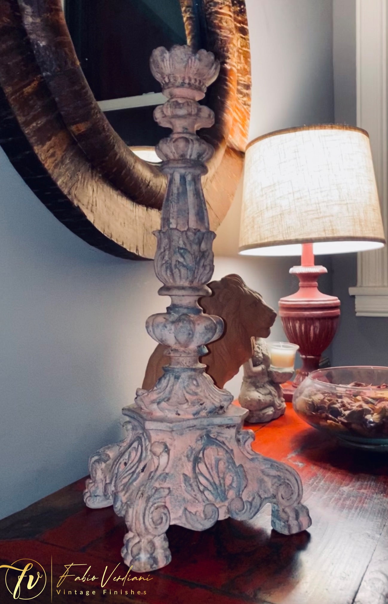 Vintage Distressed Rose & Grey Milk Paint Torchere With Antiquing Wax