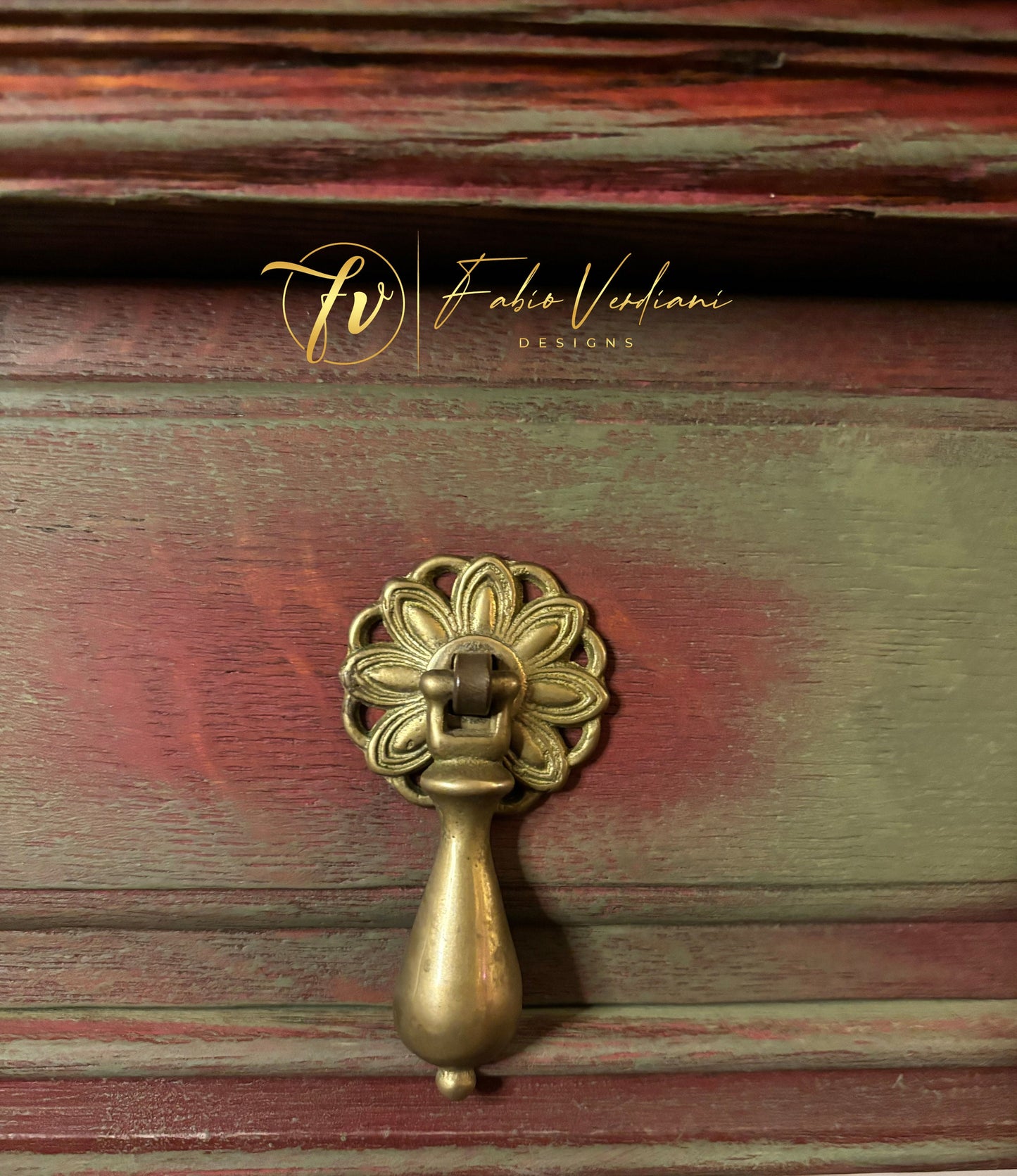 Service console table - butler’s pantry open bottom shelf - Burgundy and Olive Green, distressed with moldings and stencil drawer detail view