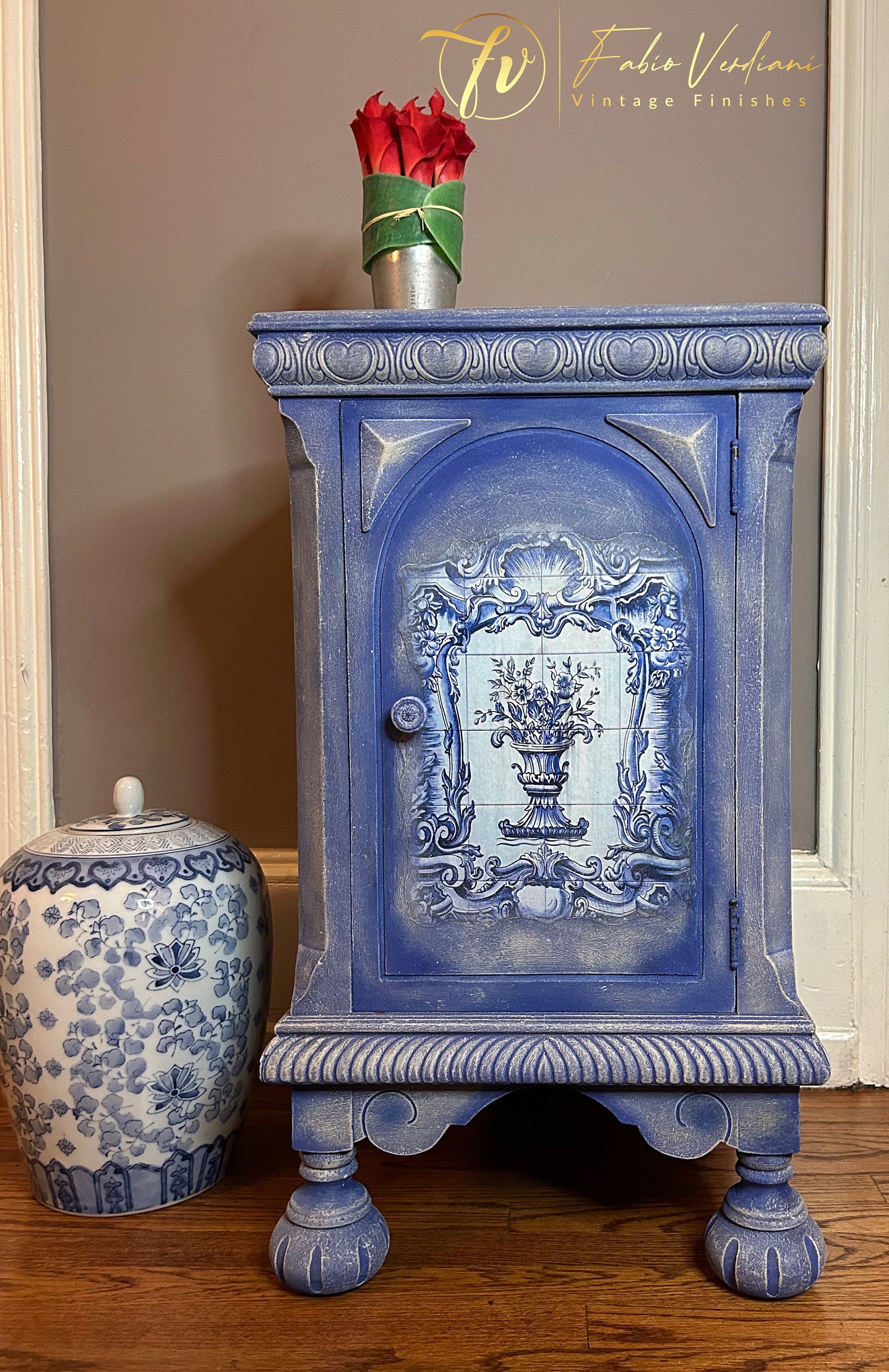 Small Nightstand - Cobalt Blue -  Azulejos Decoupage - thirties style front