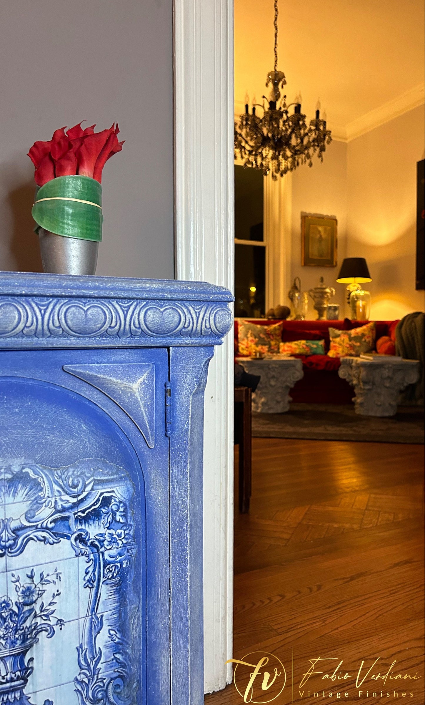 Small Nightstand - Cobalt Blue -  Azulejos Decoupage - thirties style view from left corner