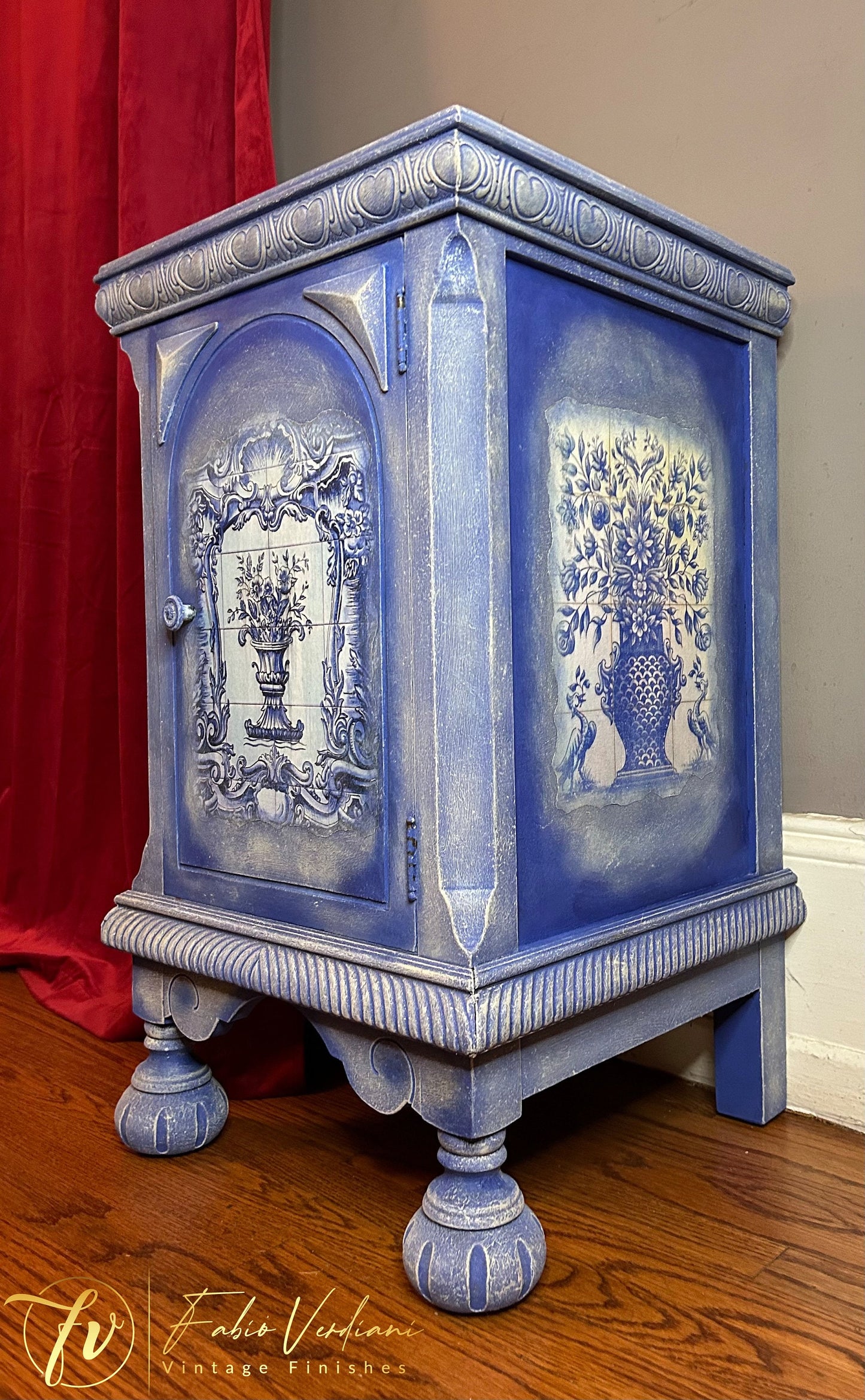 Small Nightstand - Cobalt Blue -  Azulejos Decoupage - thirties style front from right angle