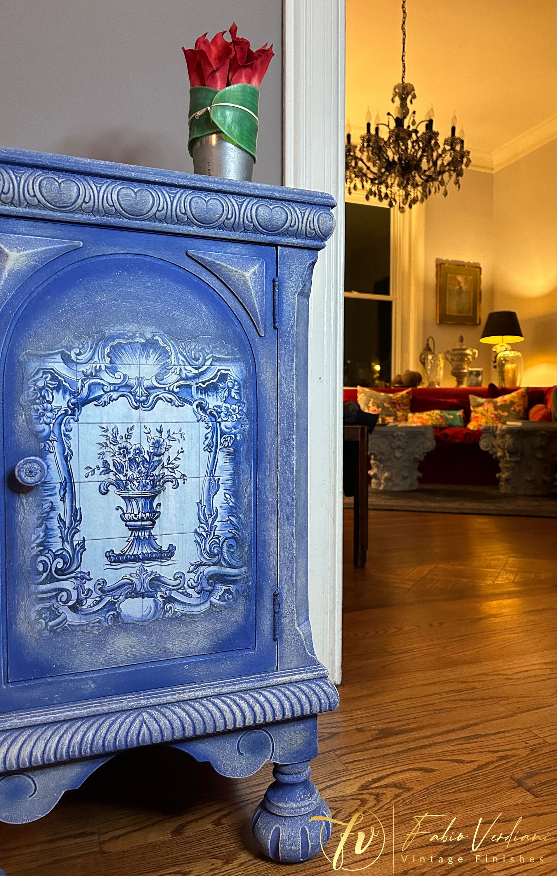 Small Nightstand - Cobalt Blue -  Azulejos Decoupage - thirties style front with right background