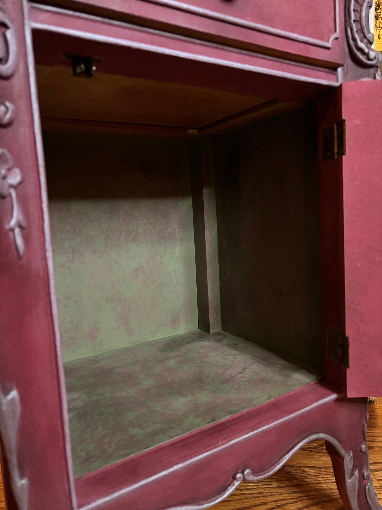 Small Vintage Nightstand - Burgundy and Silver inside 2