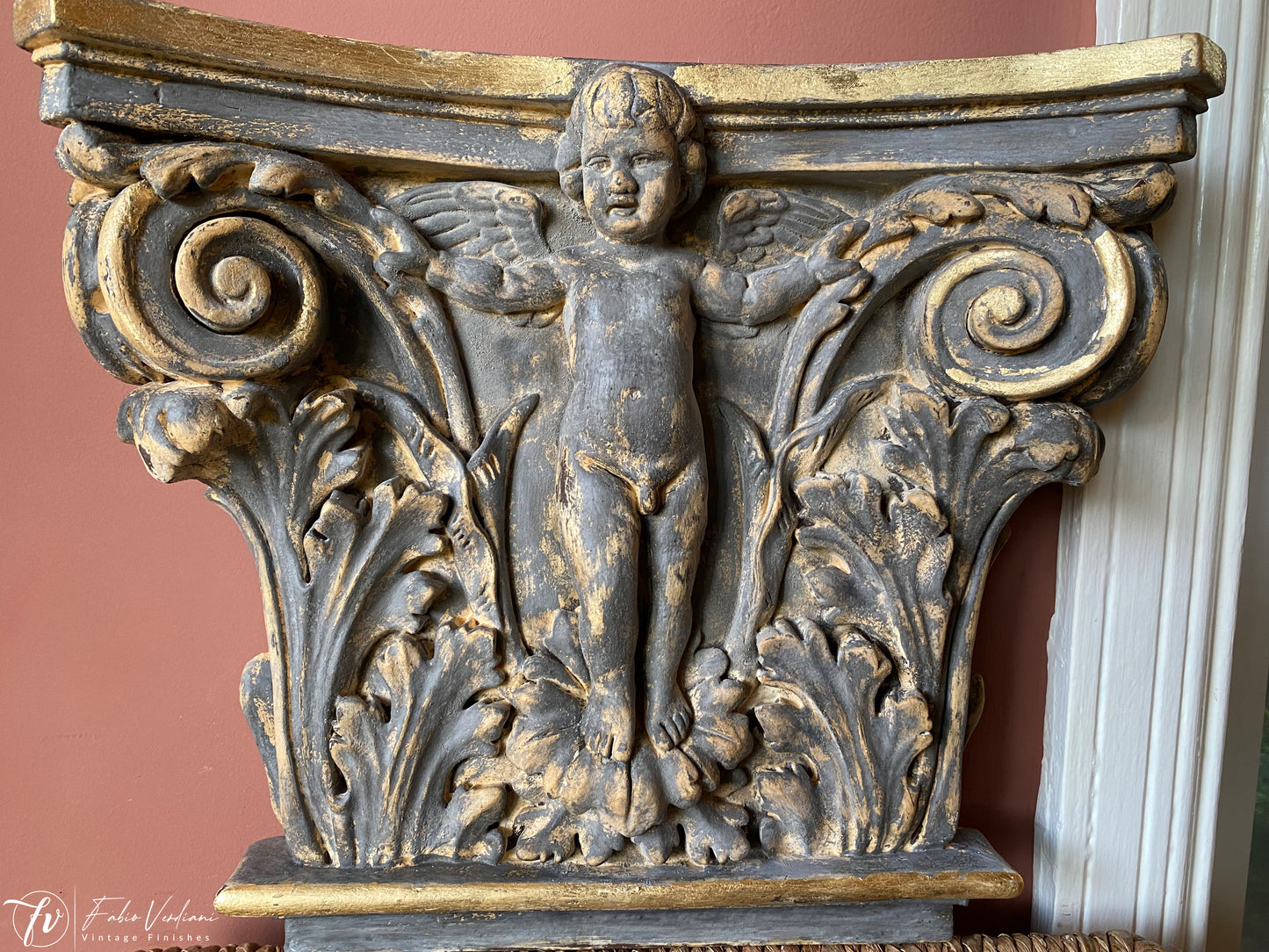 Distressed Black and Gold Milk Paint Cherubs or Putti Capitello Pilaster