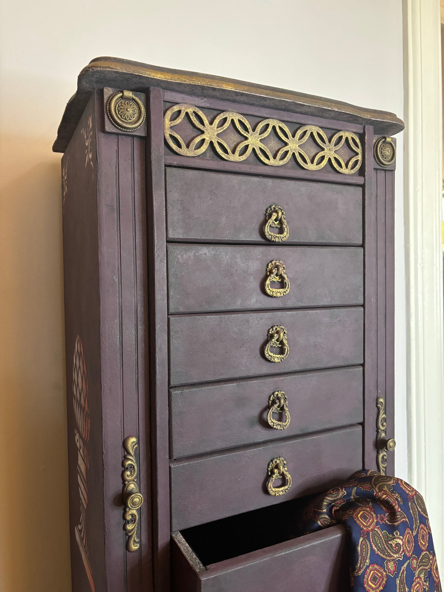 Victorian style Jewelry Armoire - Plum, Pink and Gold - Brand New Black Velvet Lining close up