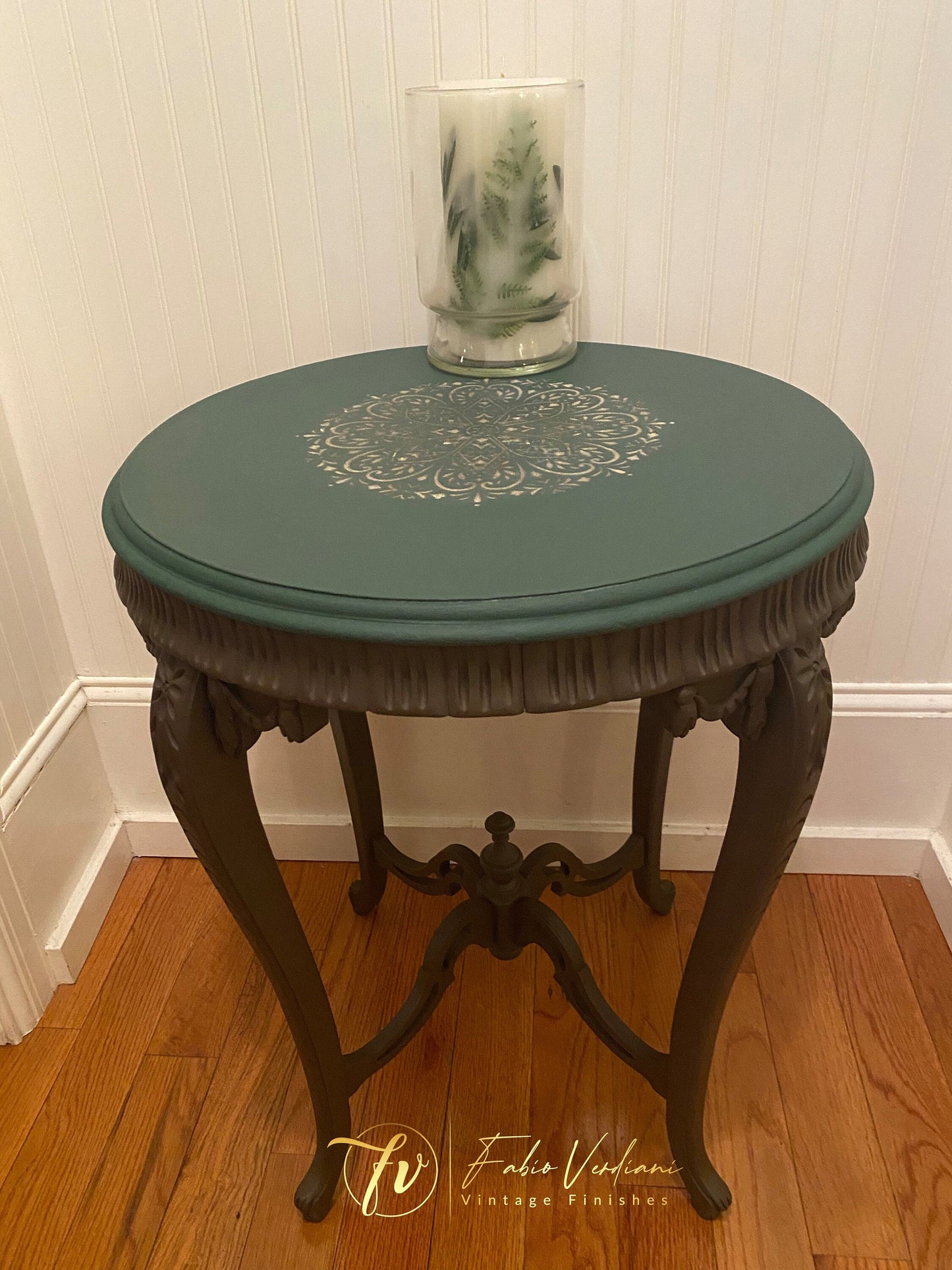 Round Coffee Table in Vintage Pecan Pie and Emerald Liberty Style, Top Faded Stencil, Clear Wax