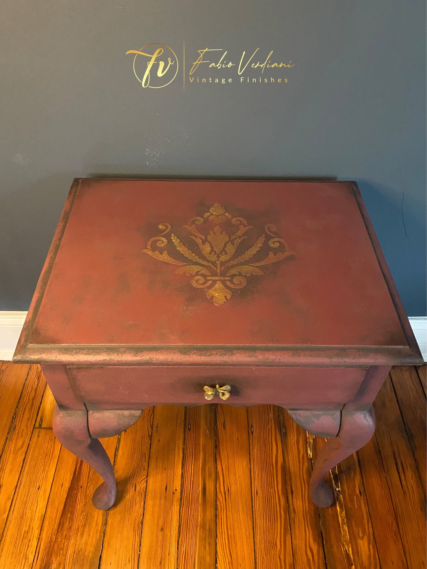 Coffee Table in Graphite and Orchid chalk paint, old gold top stencil and moldings, orchid shaped hardware, inside drawer decoupage