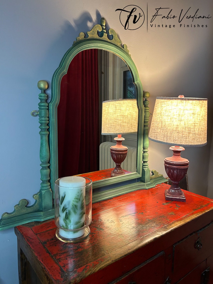 Wooden tilting vintage tabletop mirror - country green  with golden trims