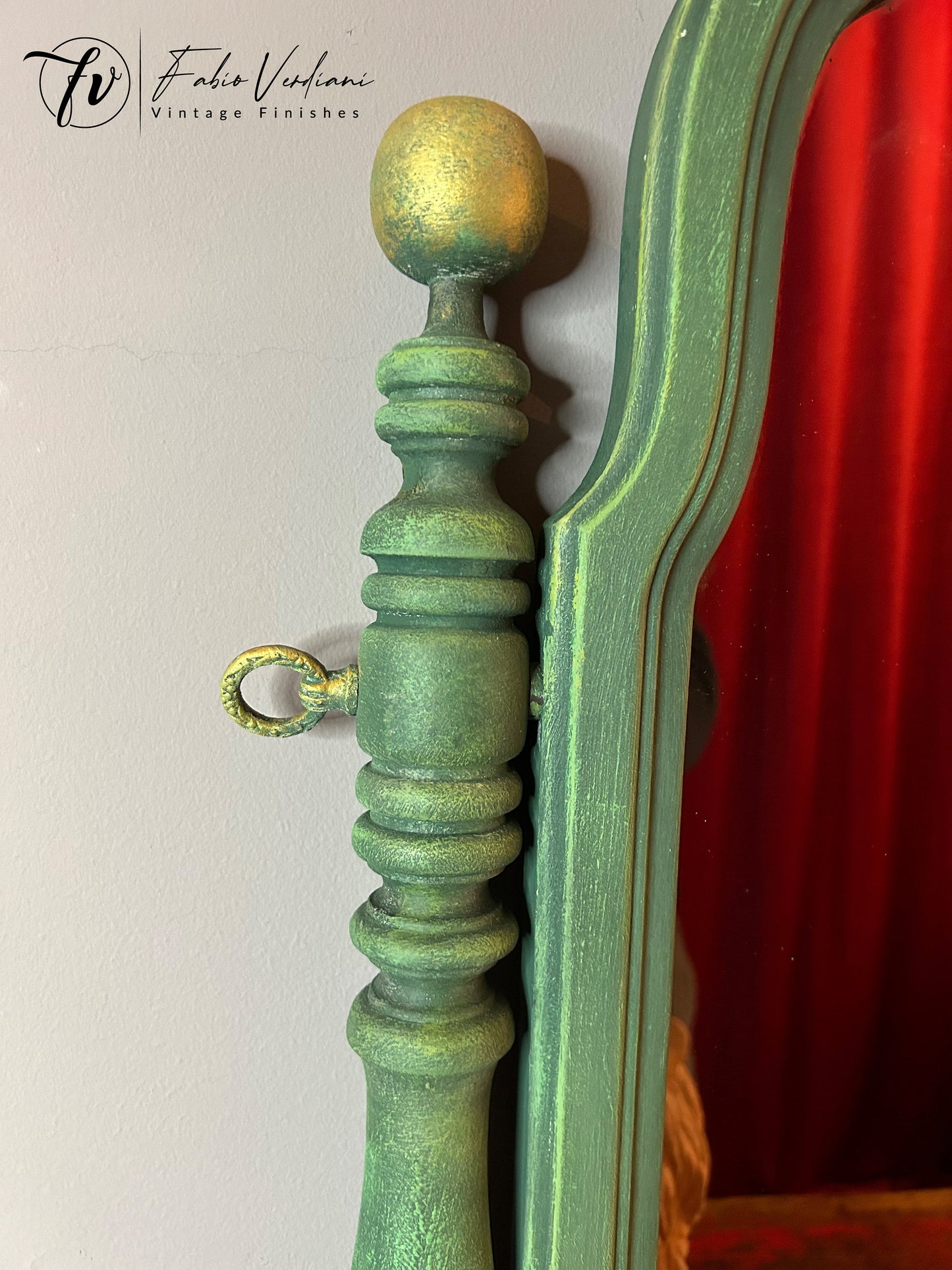 Wooden tilting vintage tabletop mirror - country green  with golden trims